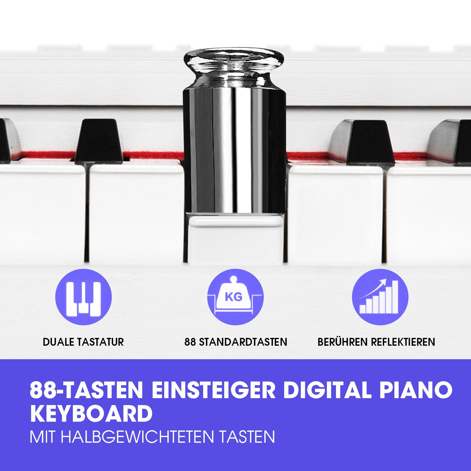 Eine Klaviatur mit einem Gewicht darauf, darunter Text auf Deutsch: Duale Tastatur, 88 Tasten, berühren und reflektieren.