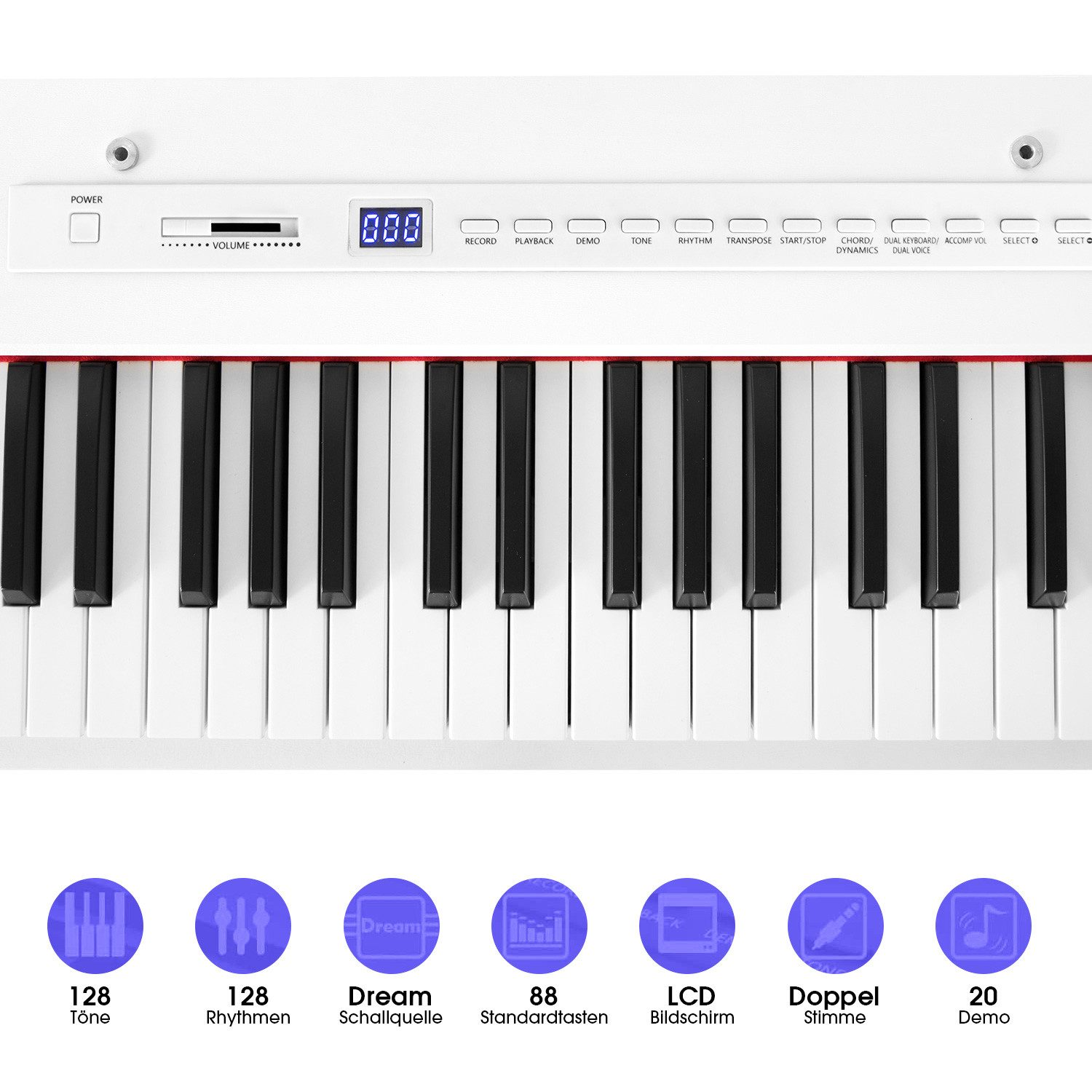 Ein weißes Klavier mit schwarzen und weißen Tasten. Oben befinden sich Knöpfe und ein Display. Unten sind Icons mit Text.