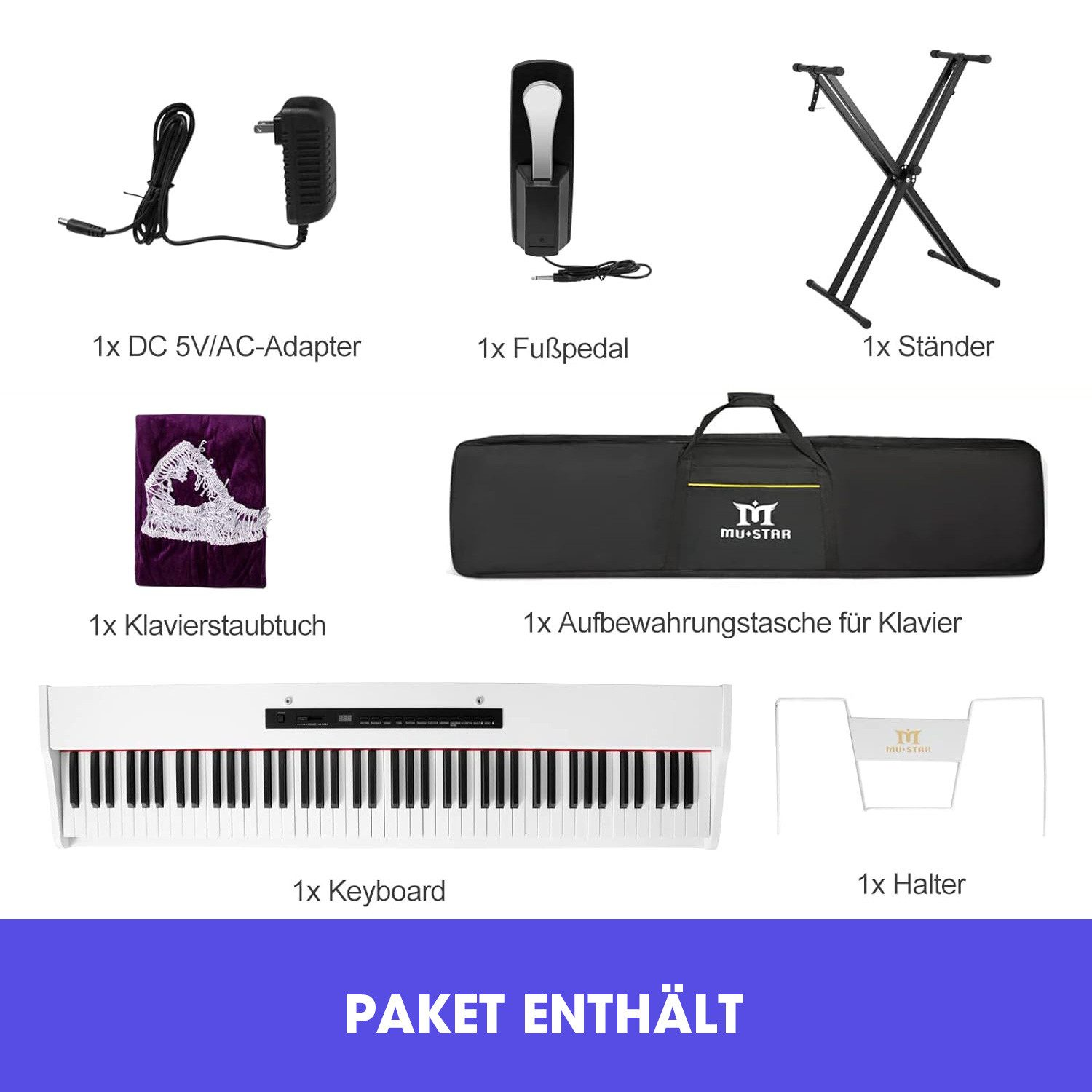 Das Bild zeigt Komponenten eines Klavier-Kits: Adapter, Pedal, Ständer, Tuch, Tasche, Keyboard und Halter. Alle Artikel sind auf weißem Hintergrund.