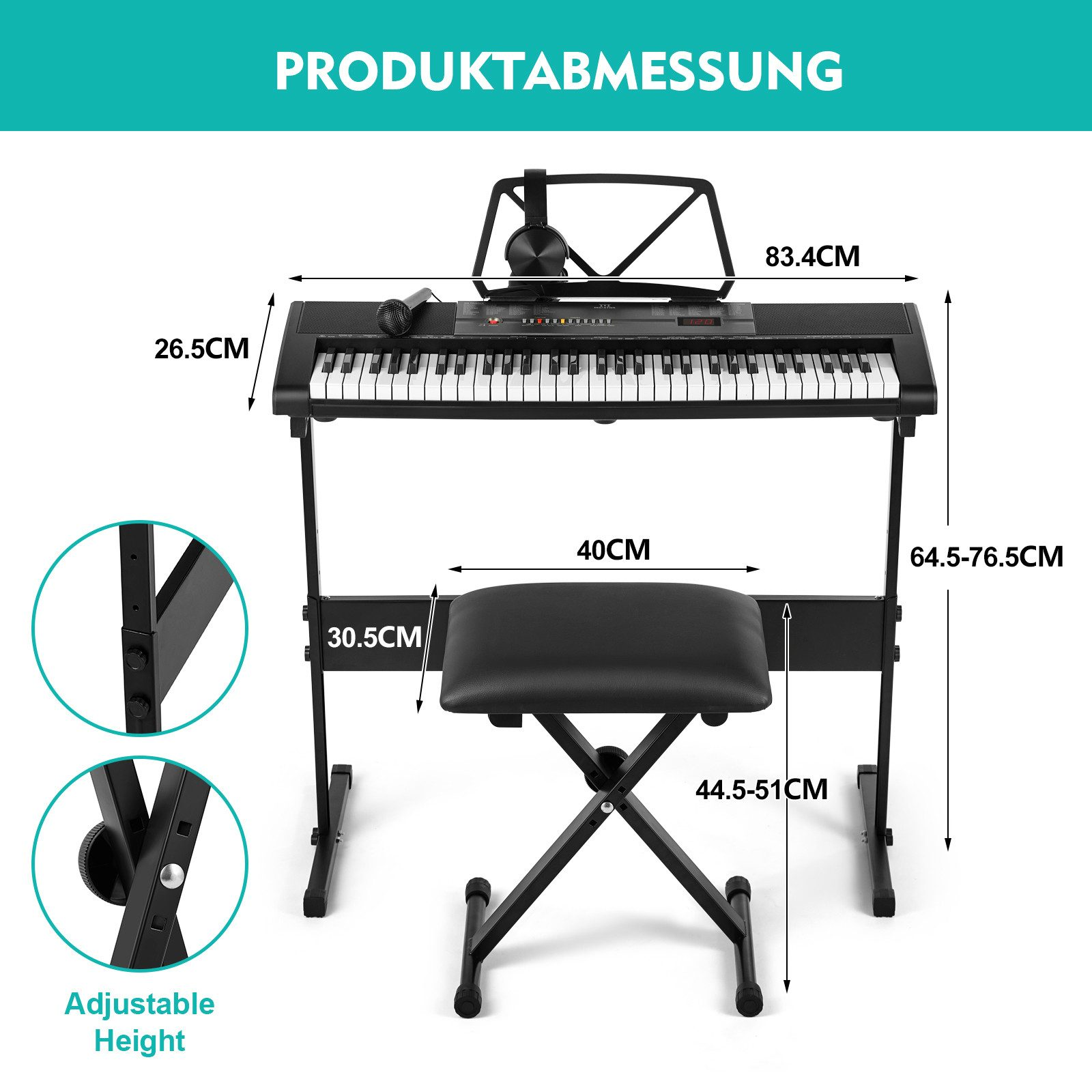 Ein schwarzes Keyboard mit Ständer, Mikrofon und einem schwarzen Hocker. Maße sind mit cm-Angaben versehen.