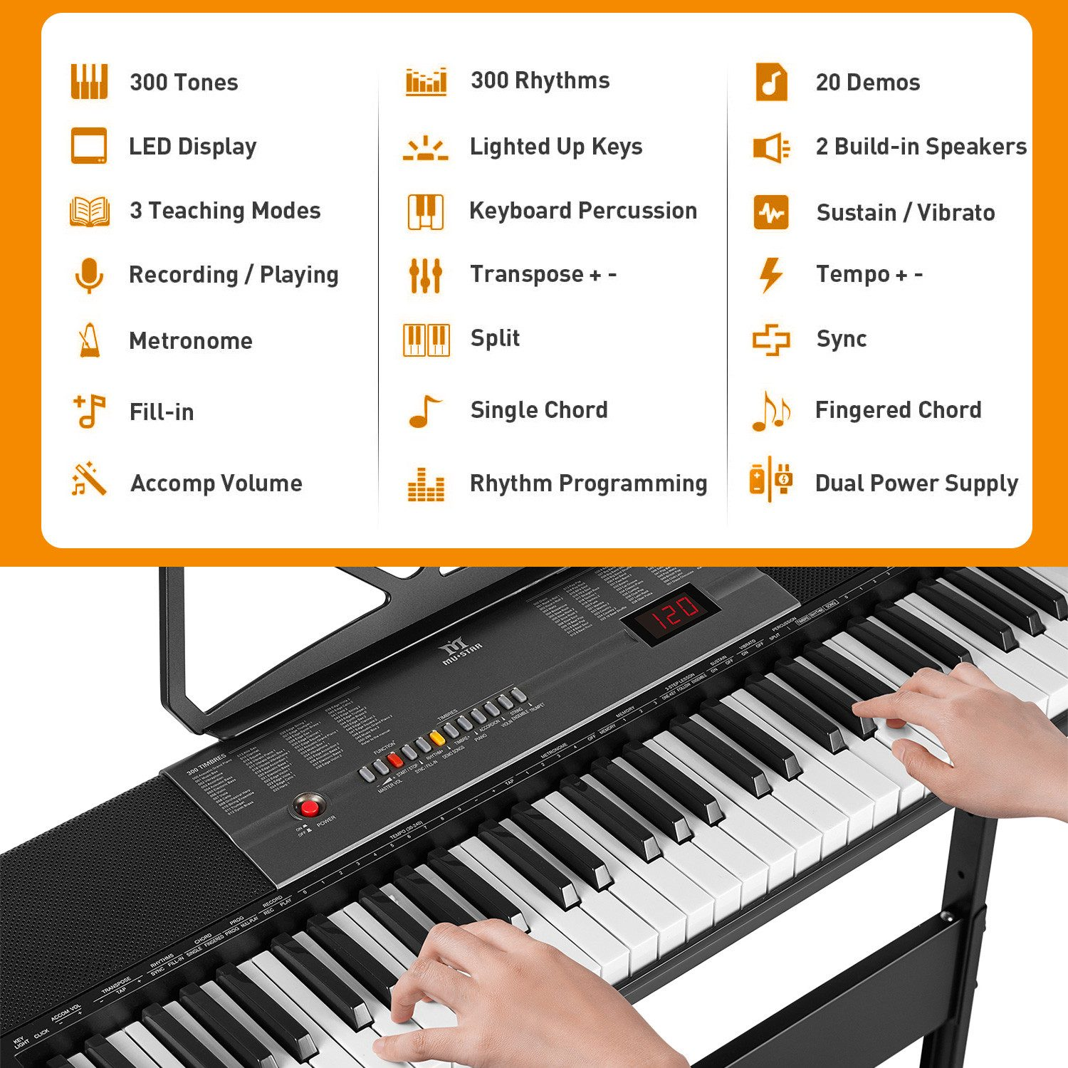 Eine Tastatur mit weißen und schwarzen Tasten. Funktionen sind LED-Anzeige, Lehrmodi und verschiedene Musikfunktionen. Hände spielen.
