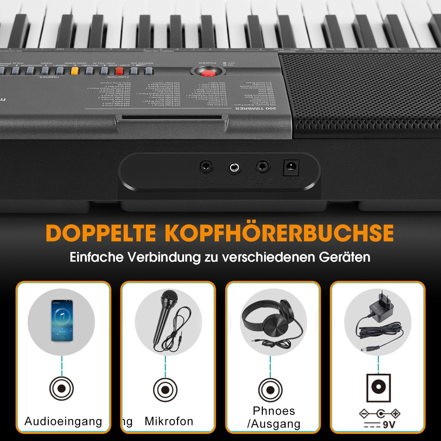 Nahaufnahme einer schwarzen Tastatur mit weißen Tasten. Unten befinden sich verschiedene Anschlüsse und Symbole. Der Text ist auf Deutsch.