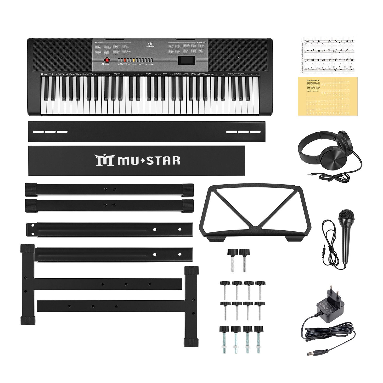 Ein zerlegter elektronischer Keyboard-Bausatz mit Keyboard, Ständer, Kopfhörern, Mikrofon, Noten und anderem Zubehör.