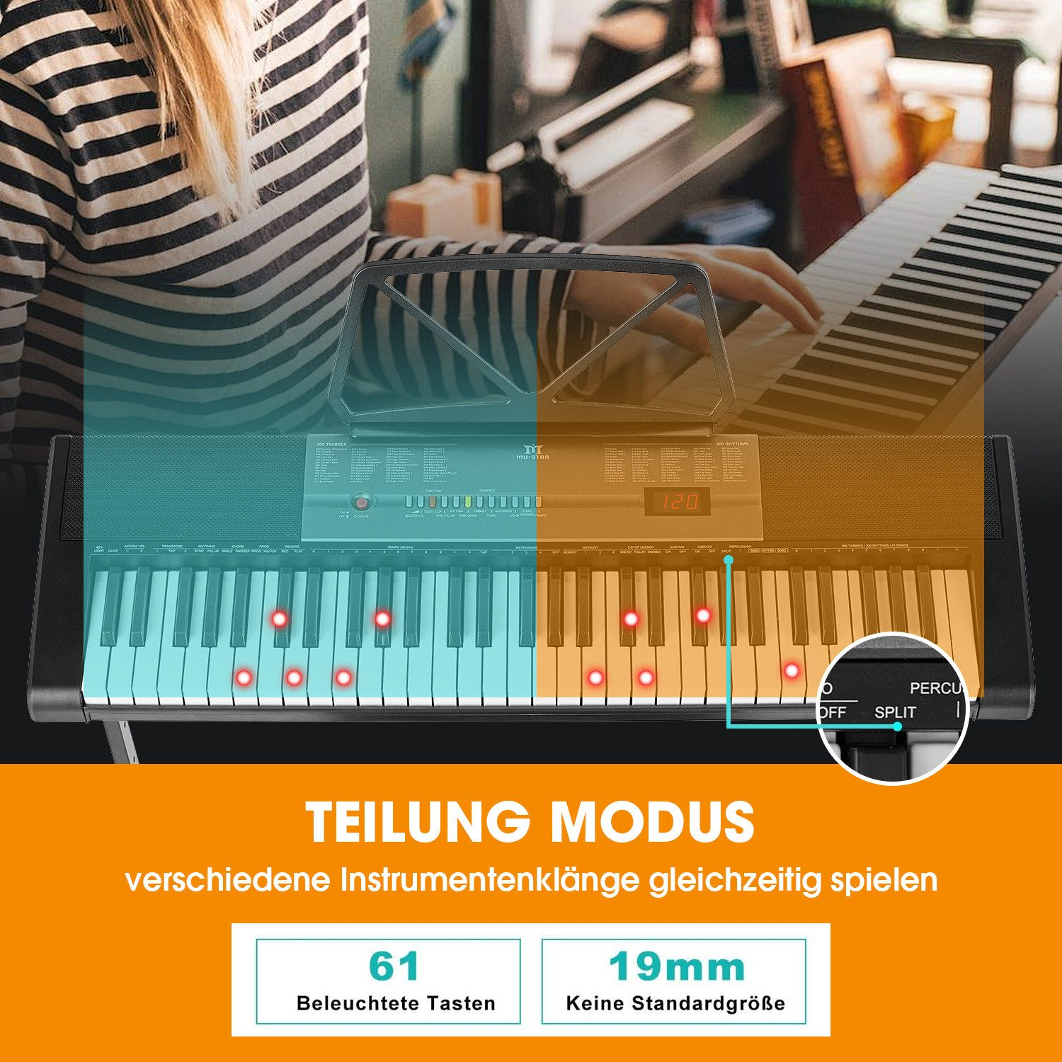 Eine Person spielt Keyboard. Beleuchtete Tasten sind zu sehen. Text: 'TEILUNG MODUS', '61 beleuchtete Tasten', und '19mm'.