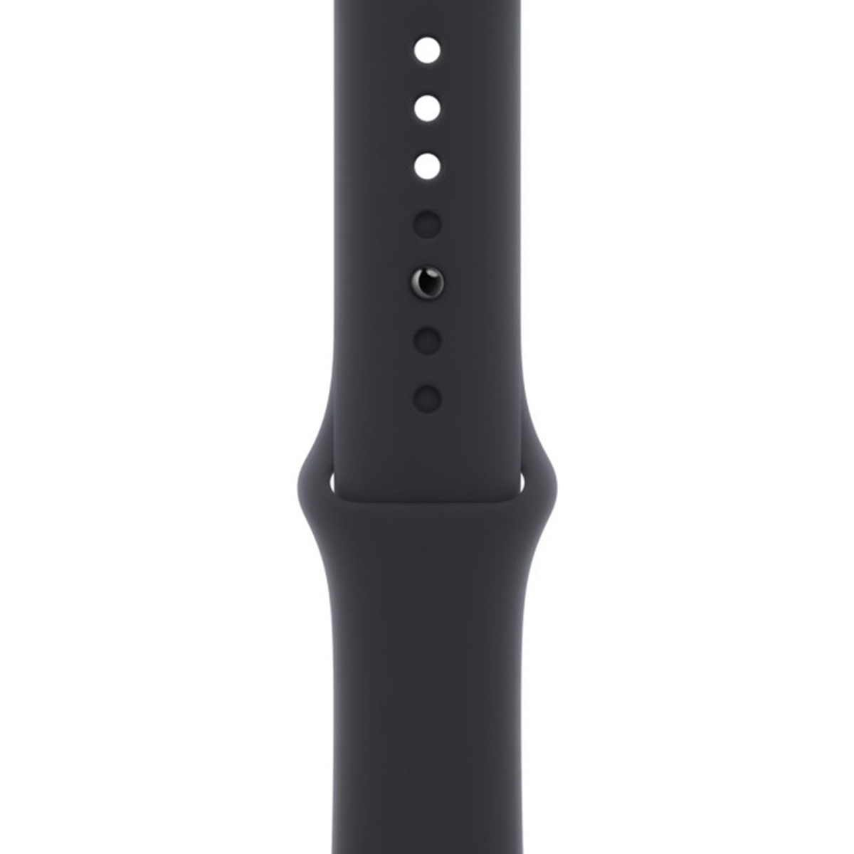 Zbliżenie czarnego paska do zegarka z kilkoma otworami i szpilką. Pasek jest na białym tle.