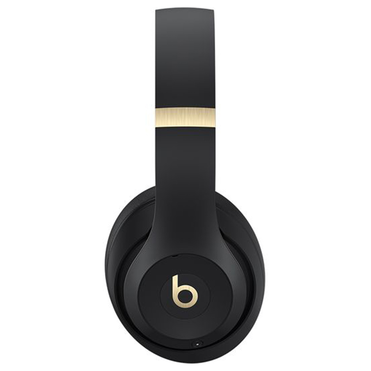 Schwarze Beats Studio-Kopfhörer. Goldakzente an Stirnband und Logo. Kreisförmige Ohrmuscheln und ein dickes, gepolstertes Stirnband.