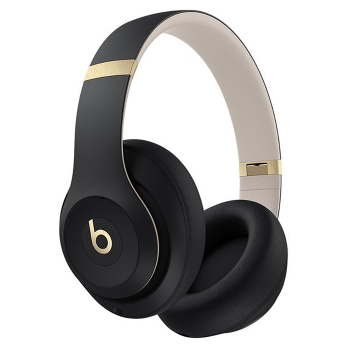 Schwarze Beats-Kopfhörer mit goldenen Akzenten und Logo. Das Band ist innen beige. Ohrmuscheln sind schwarz mit weicher Polsterung.