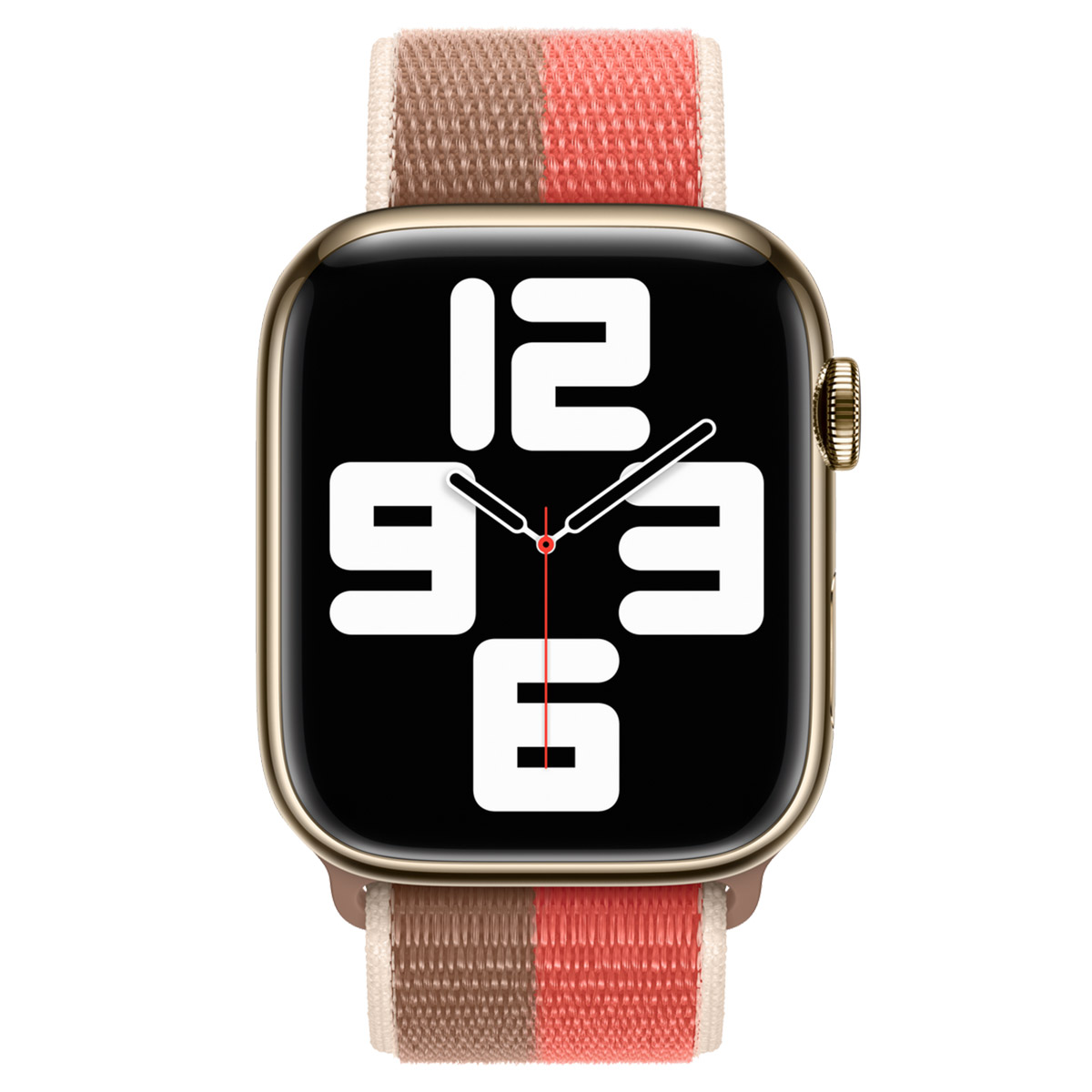 Złoty Apple Watch z czarnym wyświetlaczem pokazującym godzinę. Ma paskowany pasek w kolorach beżu, brązu i koralu.