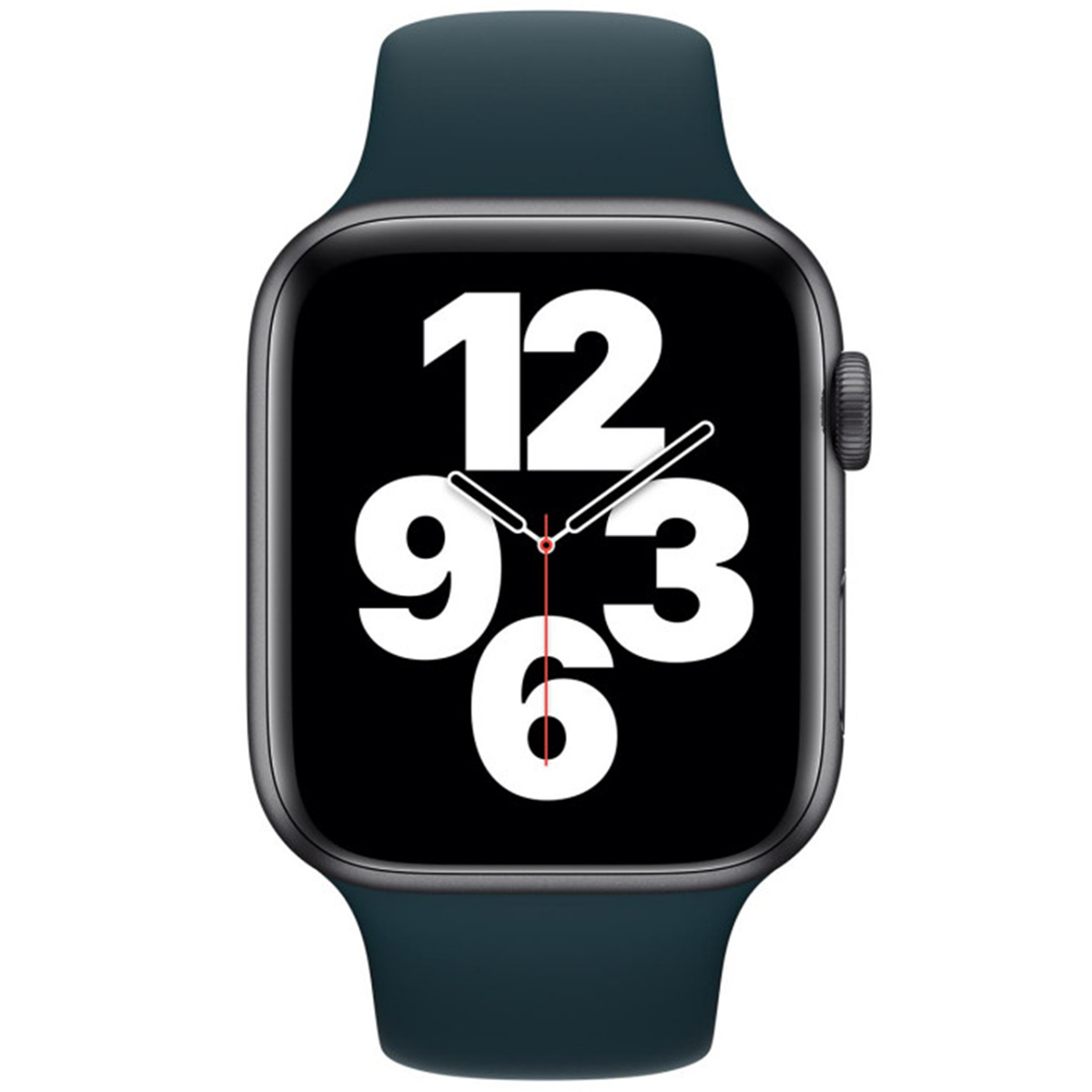 Une Apple Watch avec un bracelet bleu foncé et un écran noir affichant l'heure avec de grands chiffres blancs.
