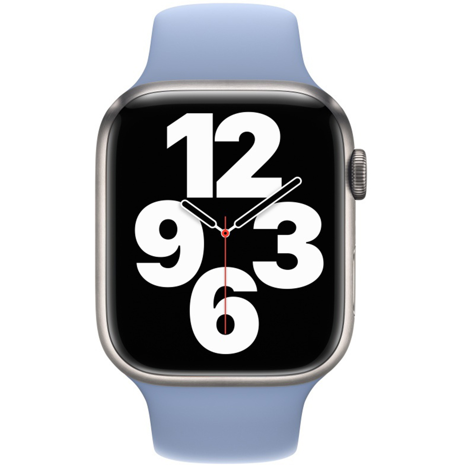 Une Apple Watch avec un bracelet bleu clair. Le cadran affiche l'heure, avec de grands chiffres blancs sur fond noir.