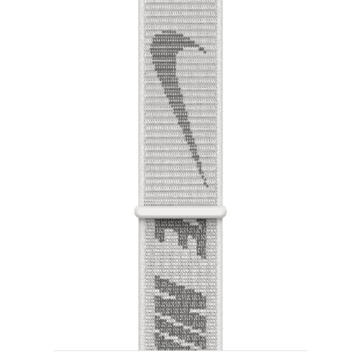 Een close-up van een witte en grijze Nike horlogeband. Het Nike-logo en de tekst zijn zichtbaar op de band.