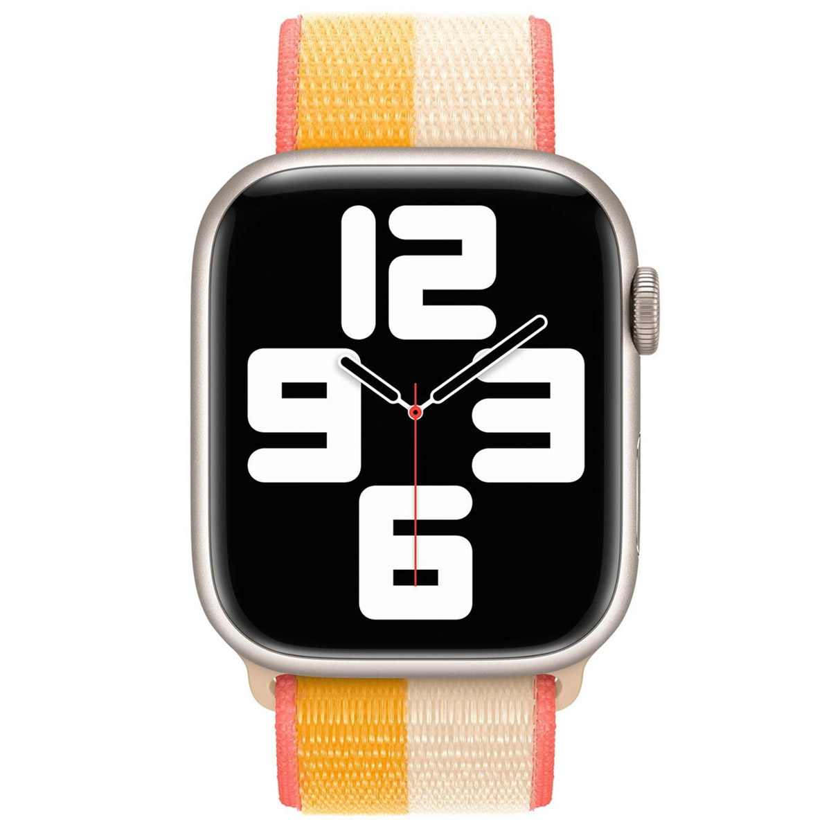 Srebrny Apple Watch z czarnym ekranem pokazującym godzinę. Zegarek ma kolorowy paskiem w paski w kolorze żółtym, brzoskwiniowym i białym.