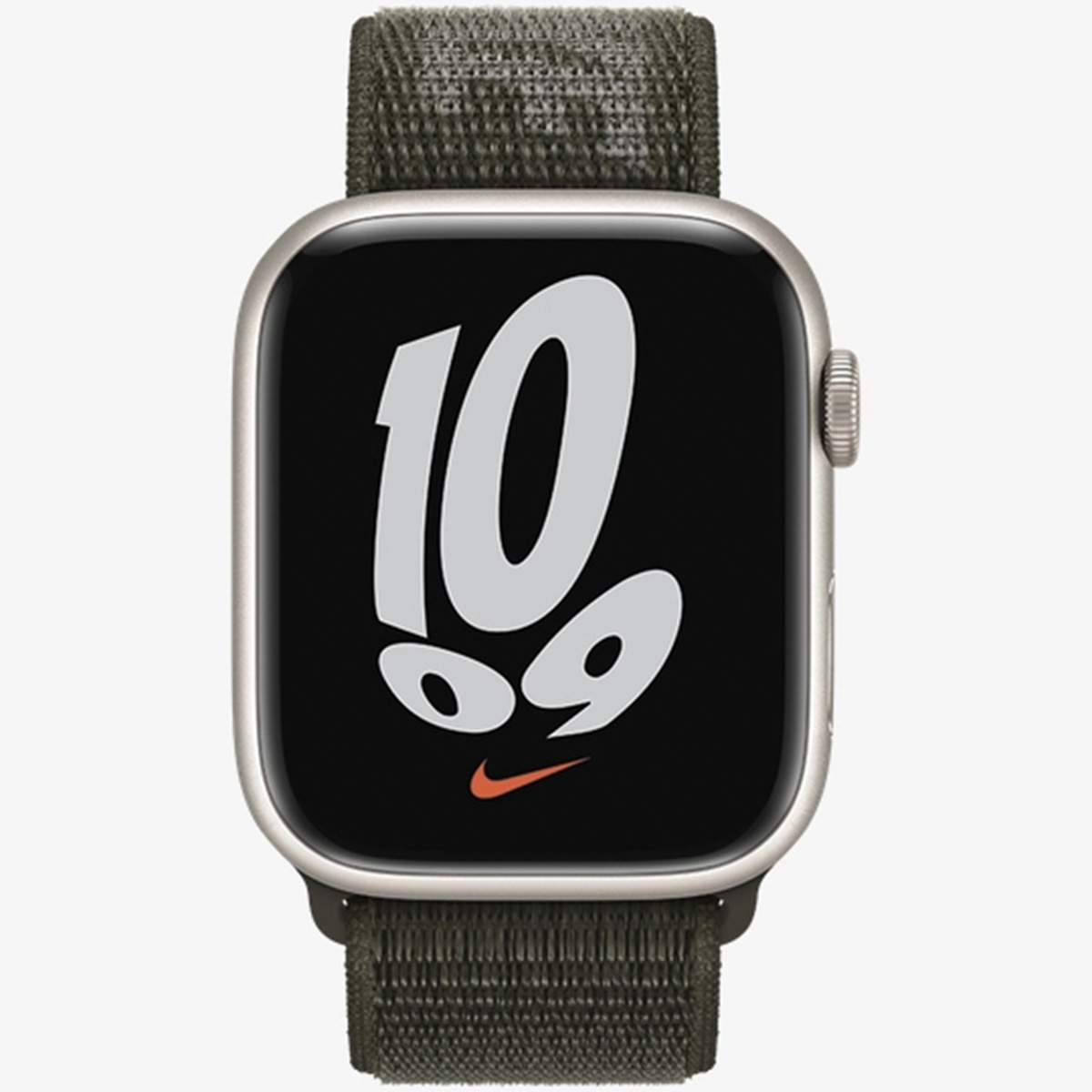 Apple Watch with green strap displaying '10 09' and Nike logo. Silver casing. Black screen.