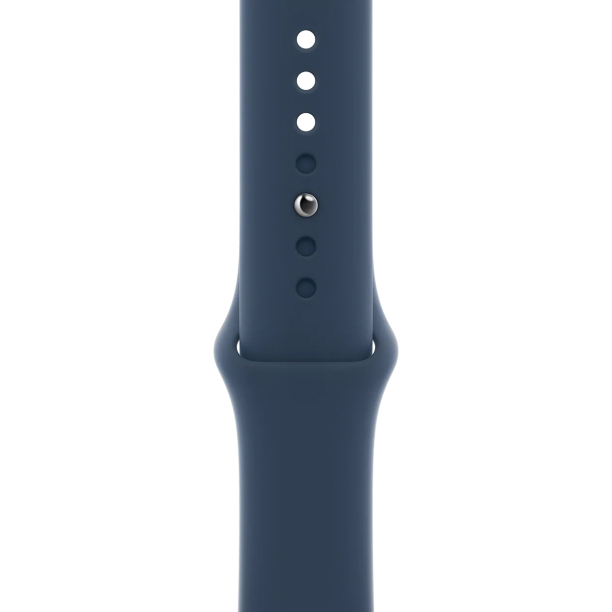 Ciemnoniebieski pasek do zegarka. Ma wiele otworów do regulacji i srebrne zapięcie. Tło jest białe.