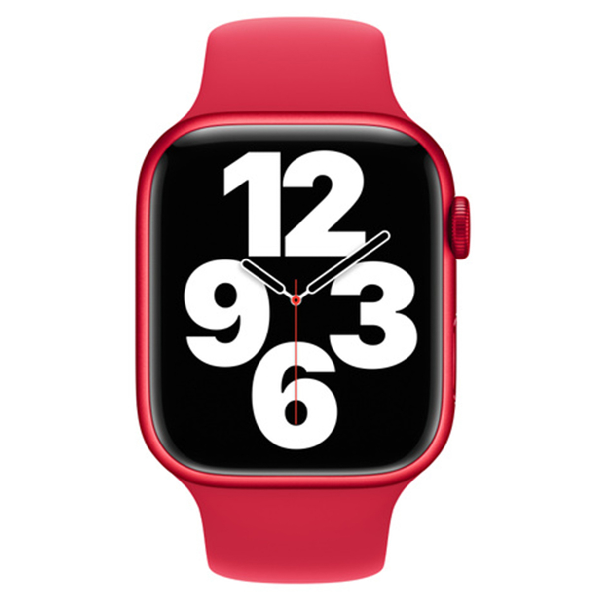 A red Apple Watch with a black screen showing the time. The numbers 12, 9, 3, and 6 are visible. The band is also red.