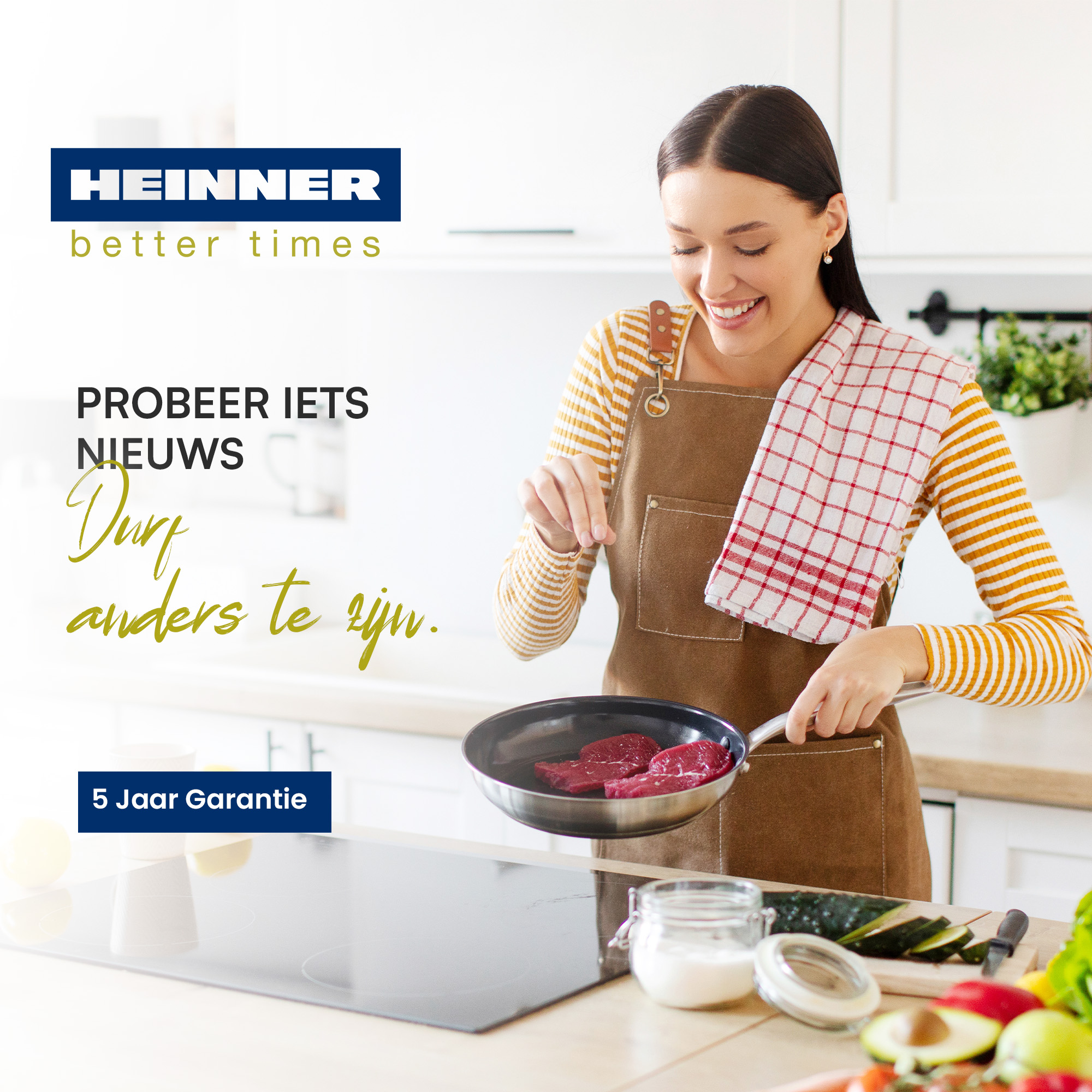 Woman cooking meat in a pan. Kitchen setting with ingredients, apron, and a towel. Advertisement for Heinner, better times.