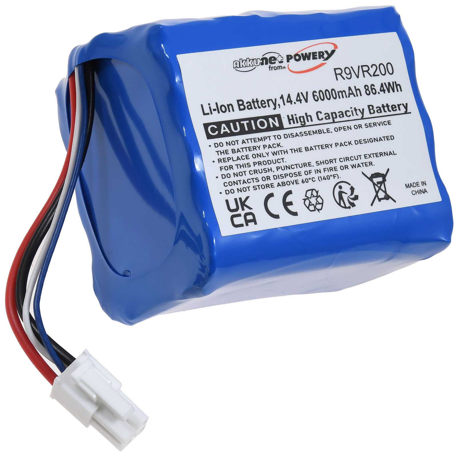 Blaue Li-Ionen-Batterie mit weißem Etikett. Sie hat rote, schwarze und weiße Drähte mit einem weißen Stecker.