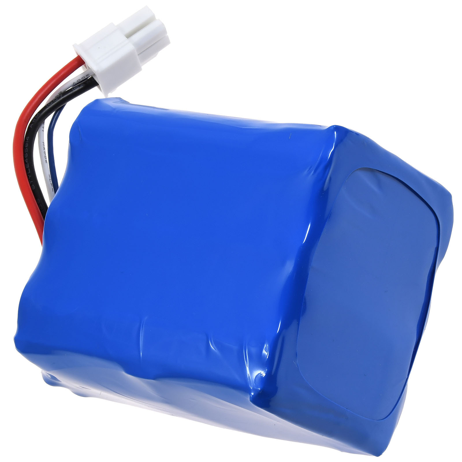 Ein blauer Akku mit weißem Stecker und roten, schwarzen und weißen Drähten. Es ist auf weißem Hintergrund.