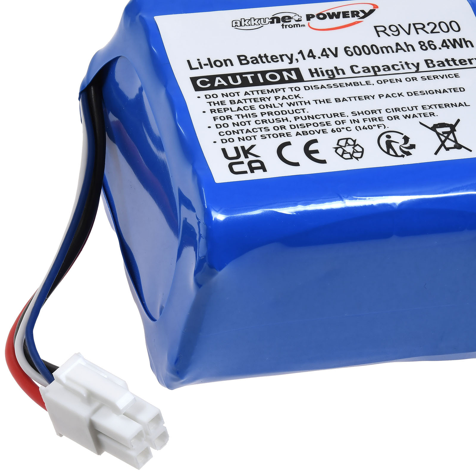Ein blauer Li-Ionen-Akku mit weißem Text und einem weißen Stecker. Drähte sind schwarz, weiß und rot.
