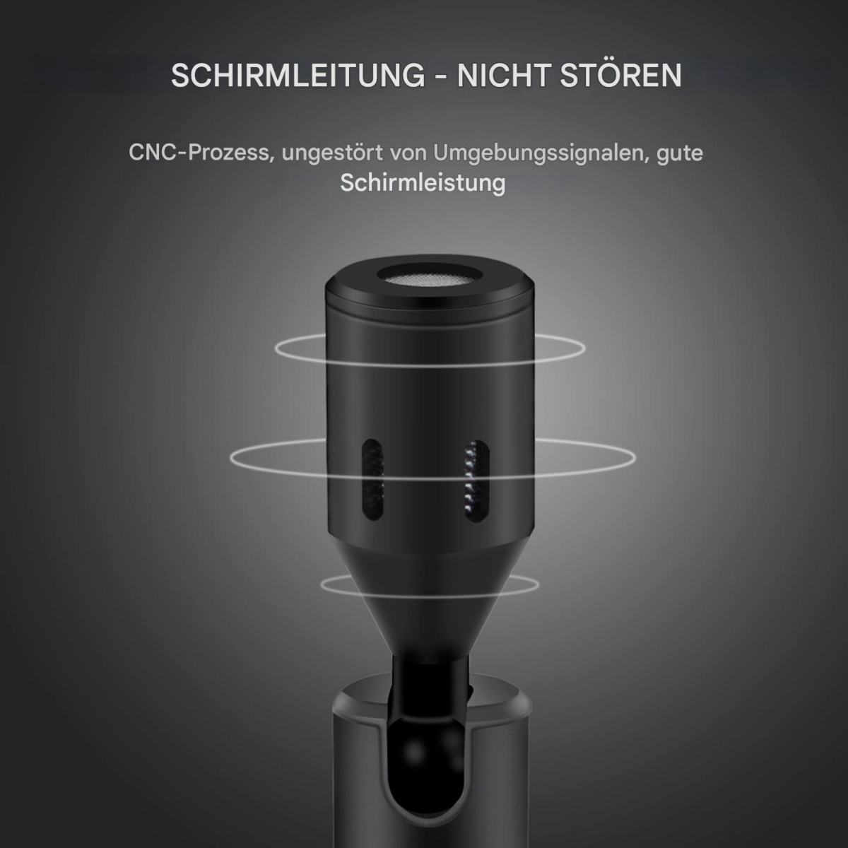 Ein schwarzes mikrofonähnliches Gerät mit weißen Linien. Der Text oben lautet 'SCHIRMLEITUNG - NICHT STÖREN'.