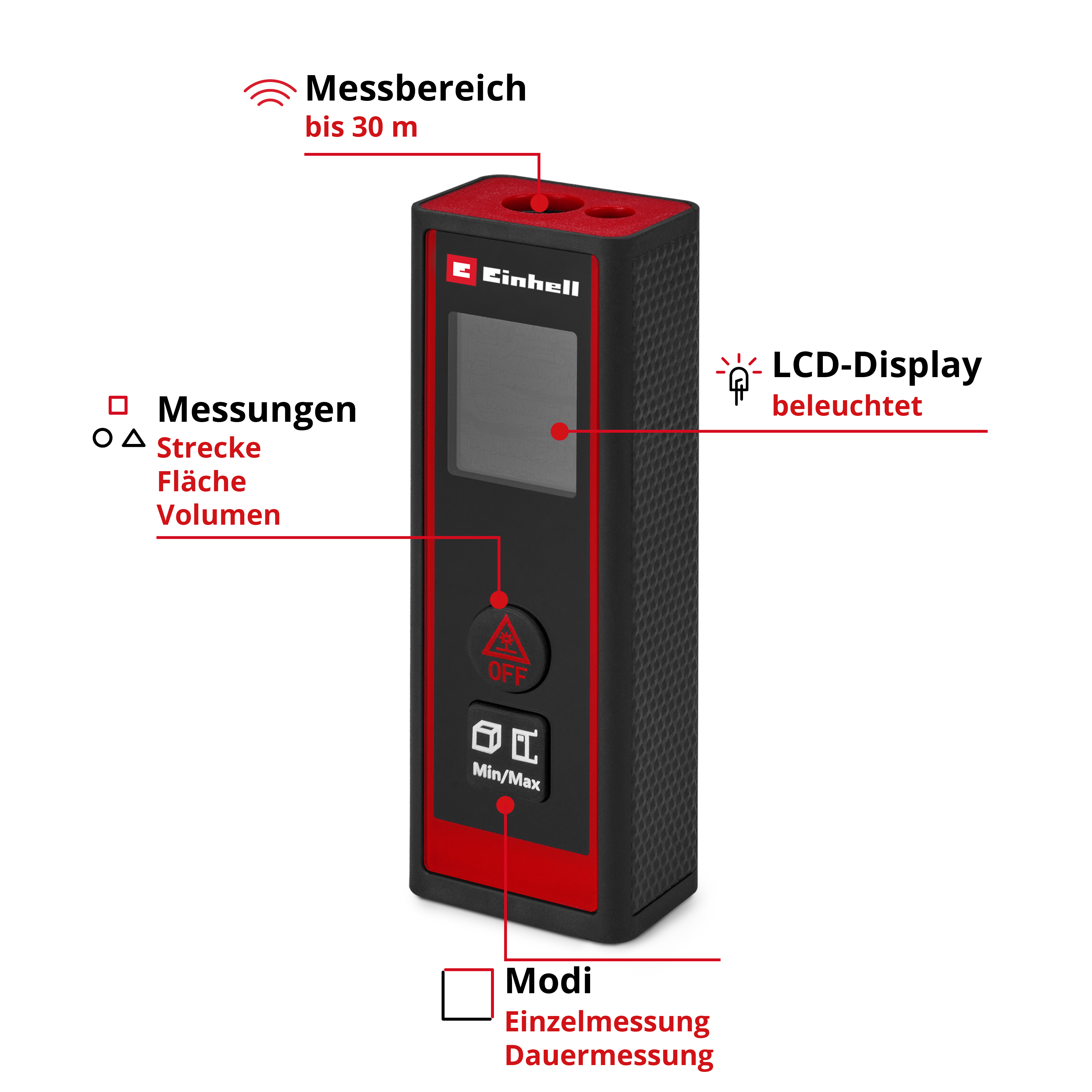Distanziometro laser nero e rosso con schermo LCD. Misura distanza, area e volume. La portata è fino a 30 m.