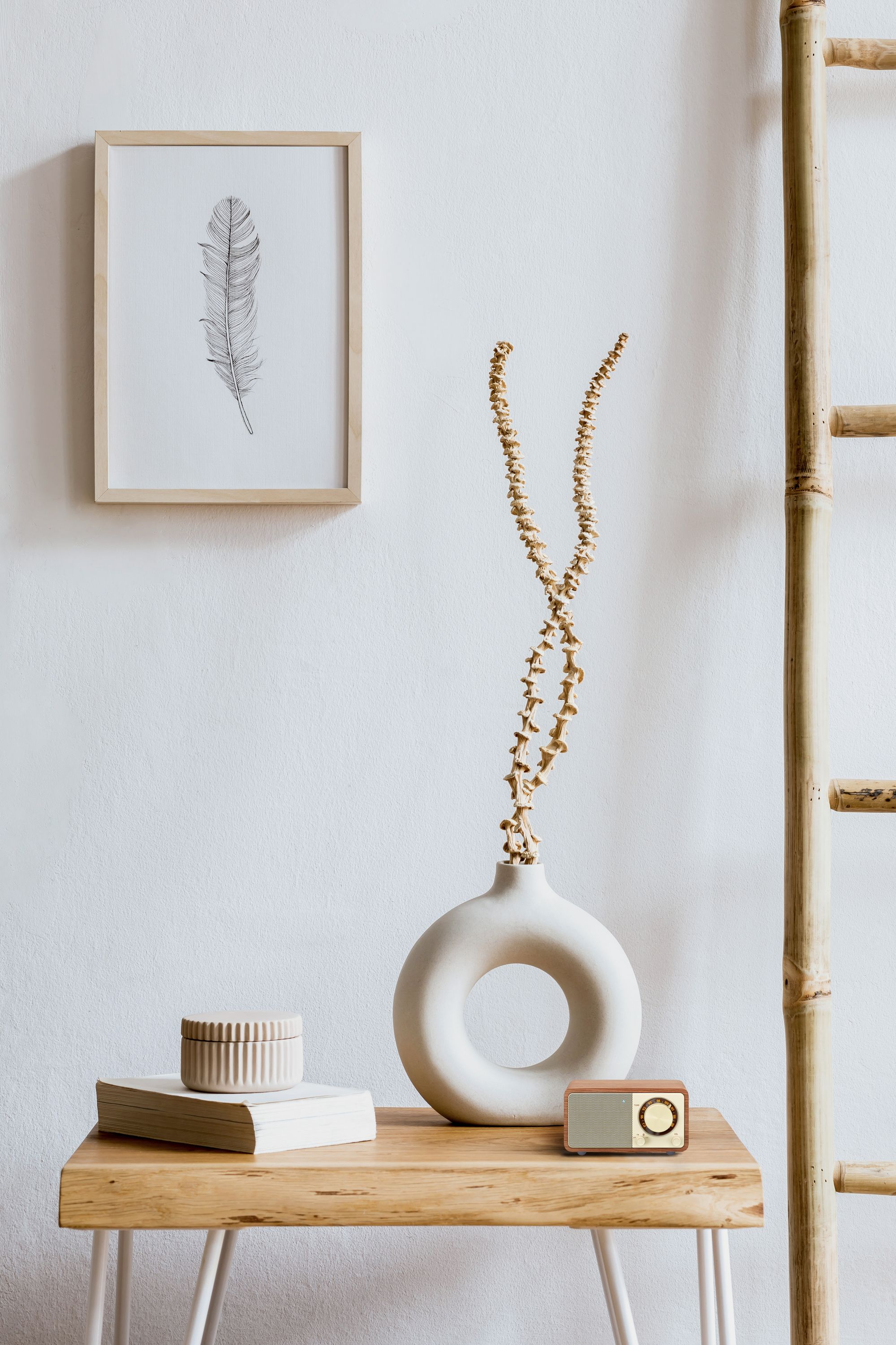 Gerahmte Federkunst, Vase mit Stiel, Radio, Bücher und eine Leiter auf einem Holztisch.