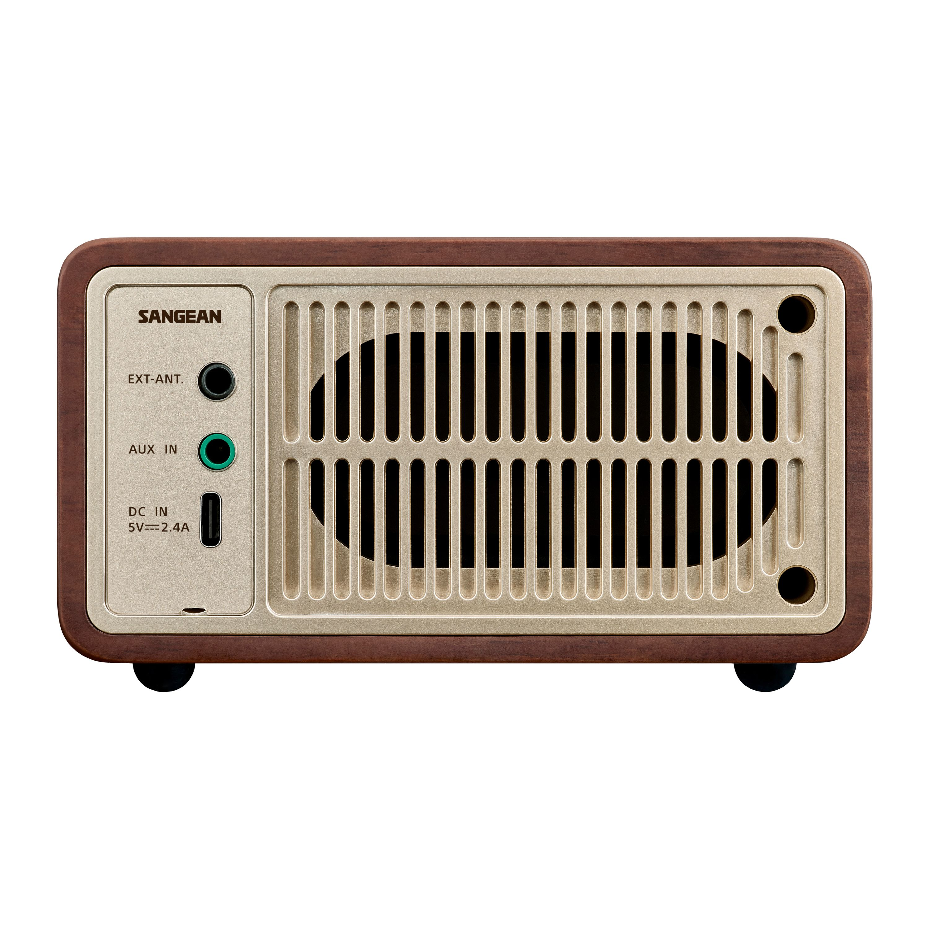 Ein Radio im Retro-Stil mit braunem Holzrahmen, goldfarbener Vorderseite und Lautsprechergrill. Es hat Knöpfe und Anschlüsse.