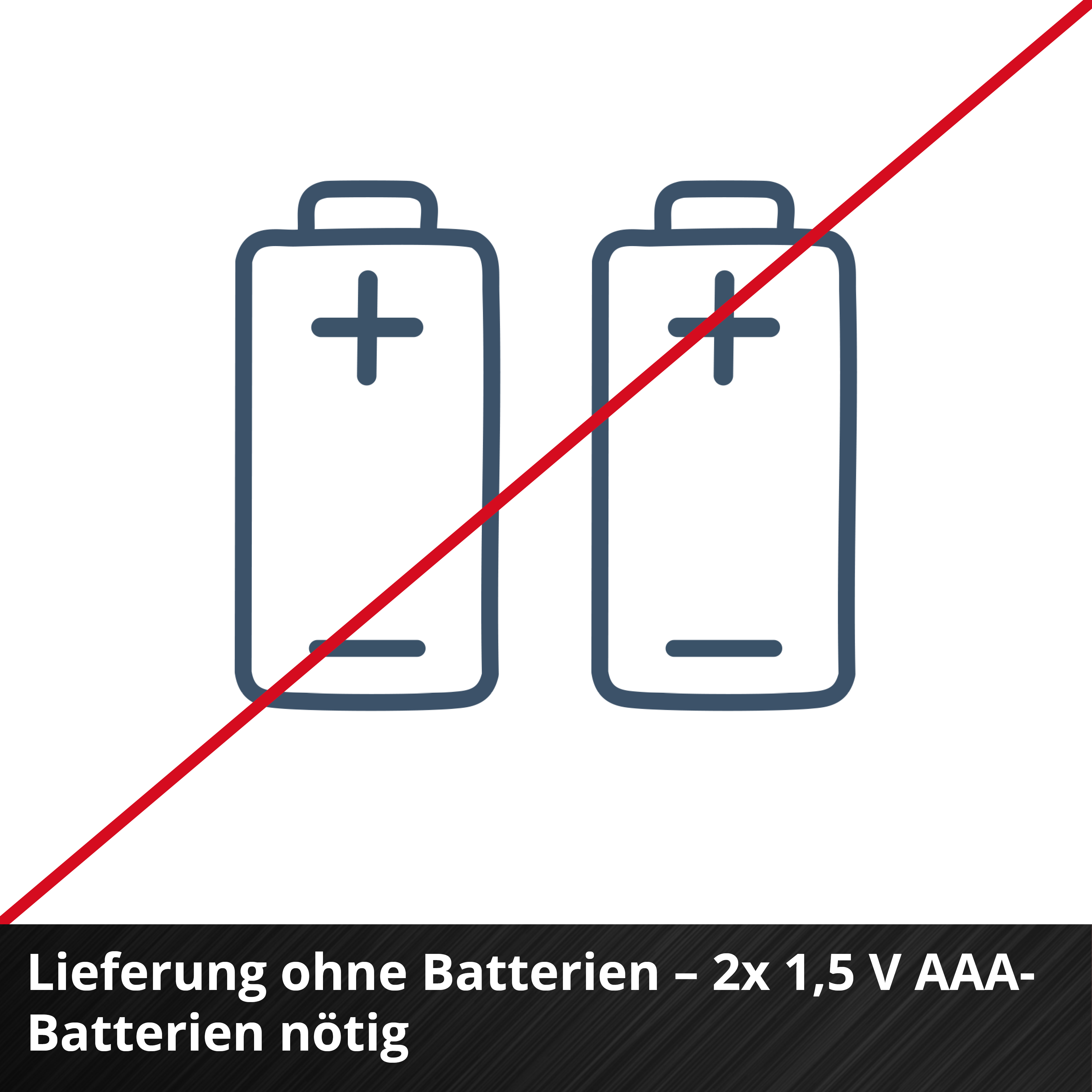 Due icone di batteria con una barra rossa. Sotto il testo dice: Consegna senza batterie - 2 batterie AAA da 1,5 V richieste.