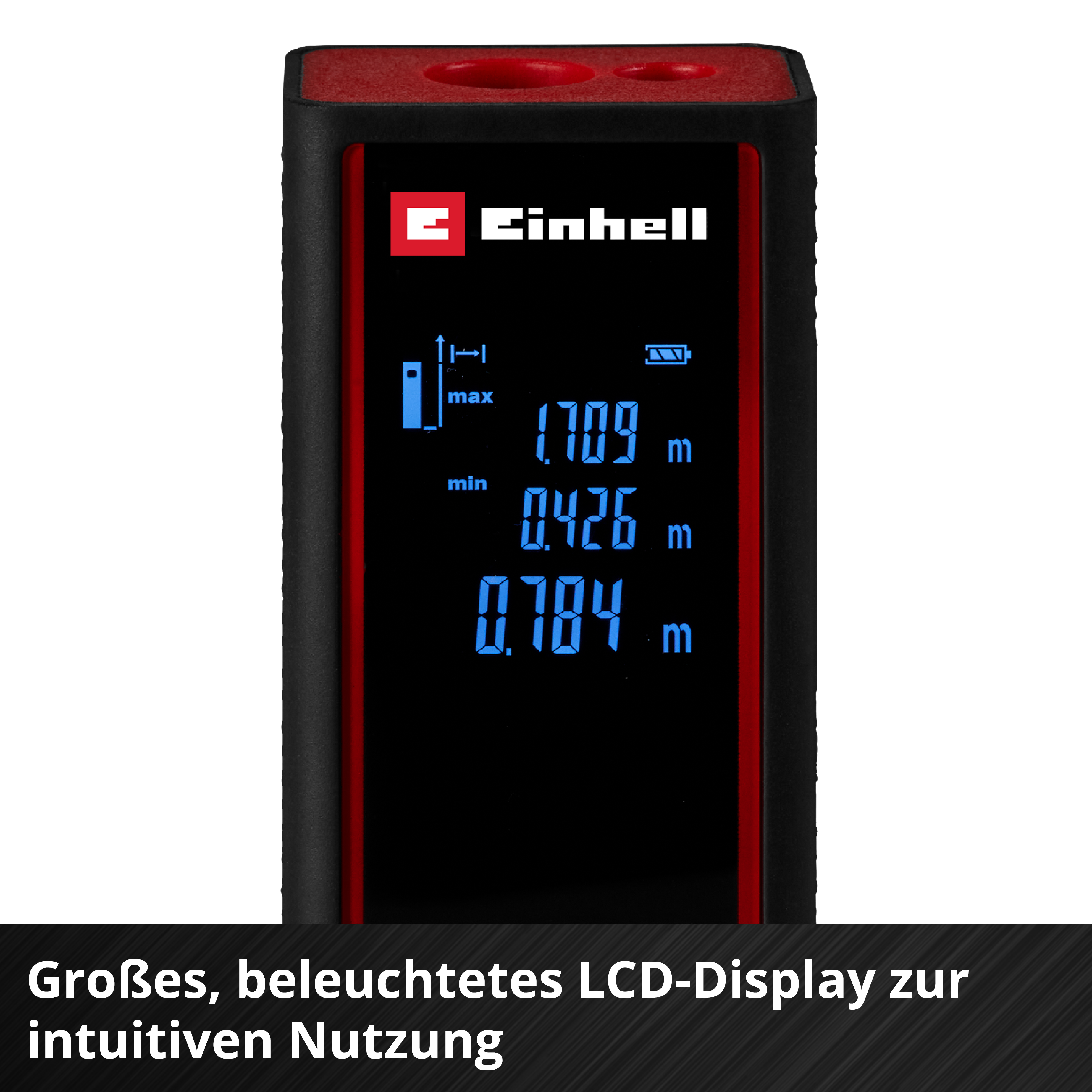 Un misuratore laser di distanza nero e rosso con display digitale che mostra le misurazioni. Il logo del marchio è visibile.