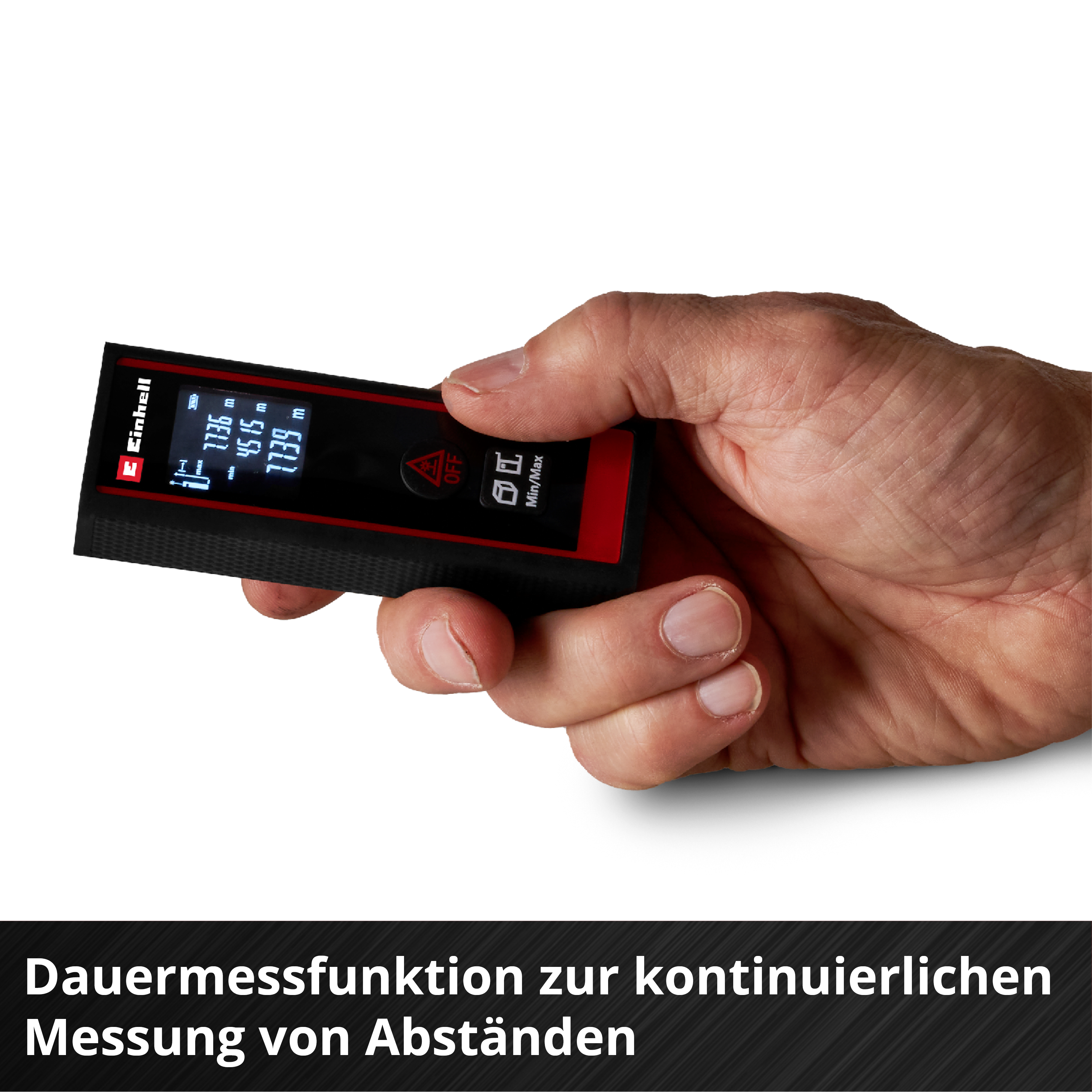 Una mano tiene in mano un telemetro nero e rosso. Il display mostra i numeri. Il testo in basso recita: 'misurazione continua'.
