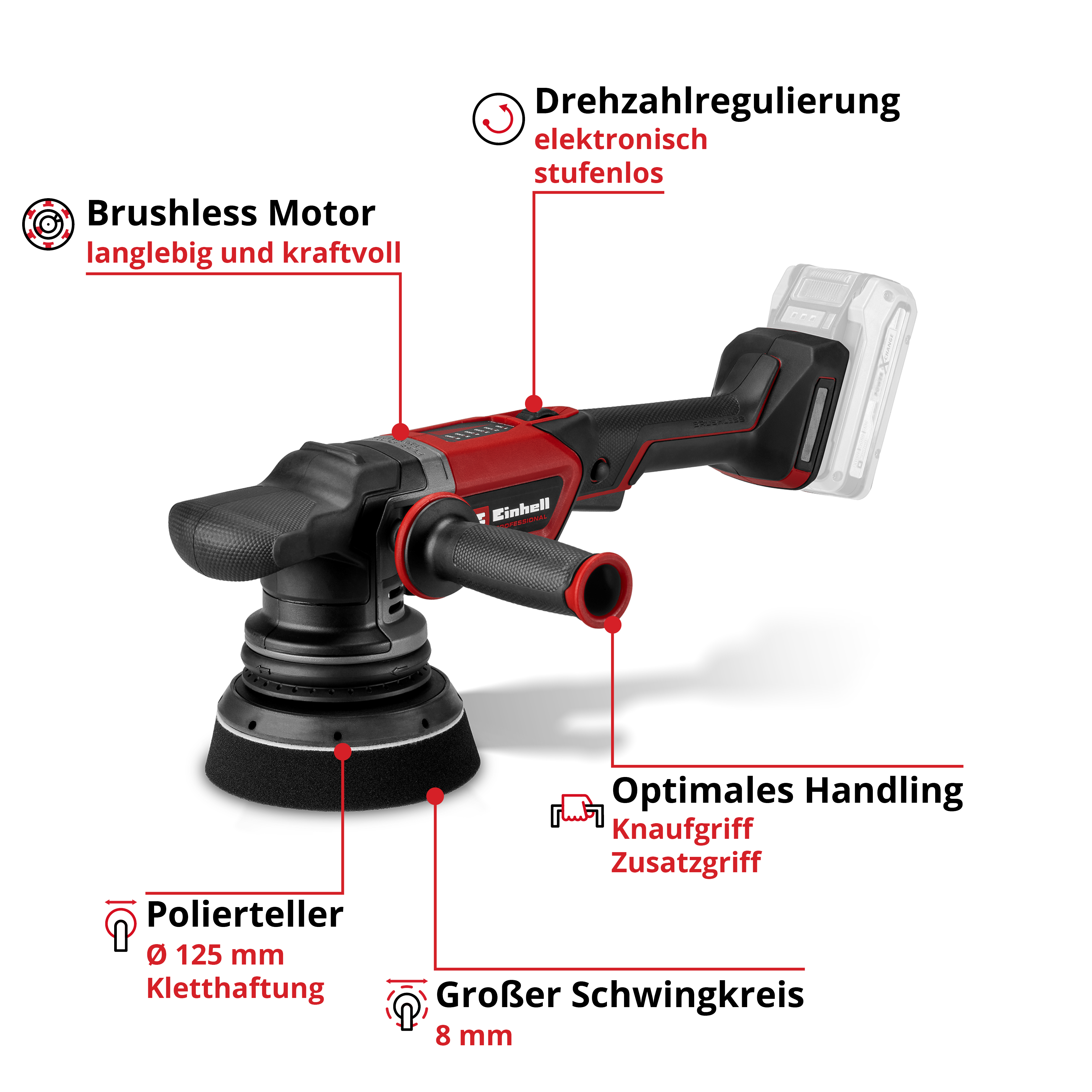 Rotes und schwarzes Einhell-Poliermaschine. Merkmale sind ein bürstenloser Motor und elektronische Drehzahlregelung.