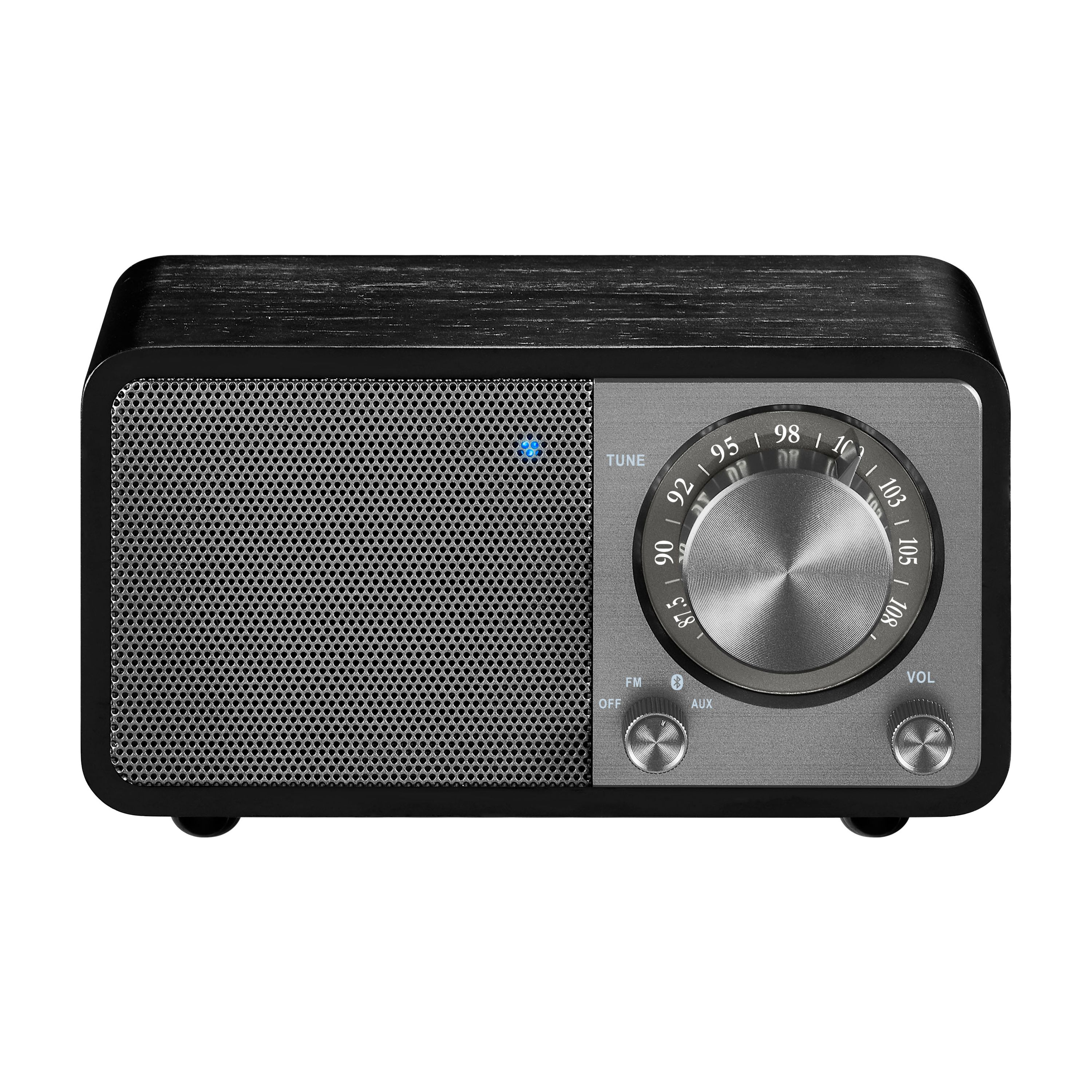 Ein schwarz-graues Radio mit Lautsprechergrill, Drehrad, Lautstärkeregler und verschiedenen Eingangstasten.
