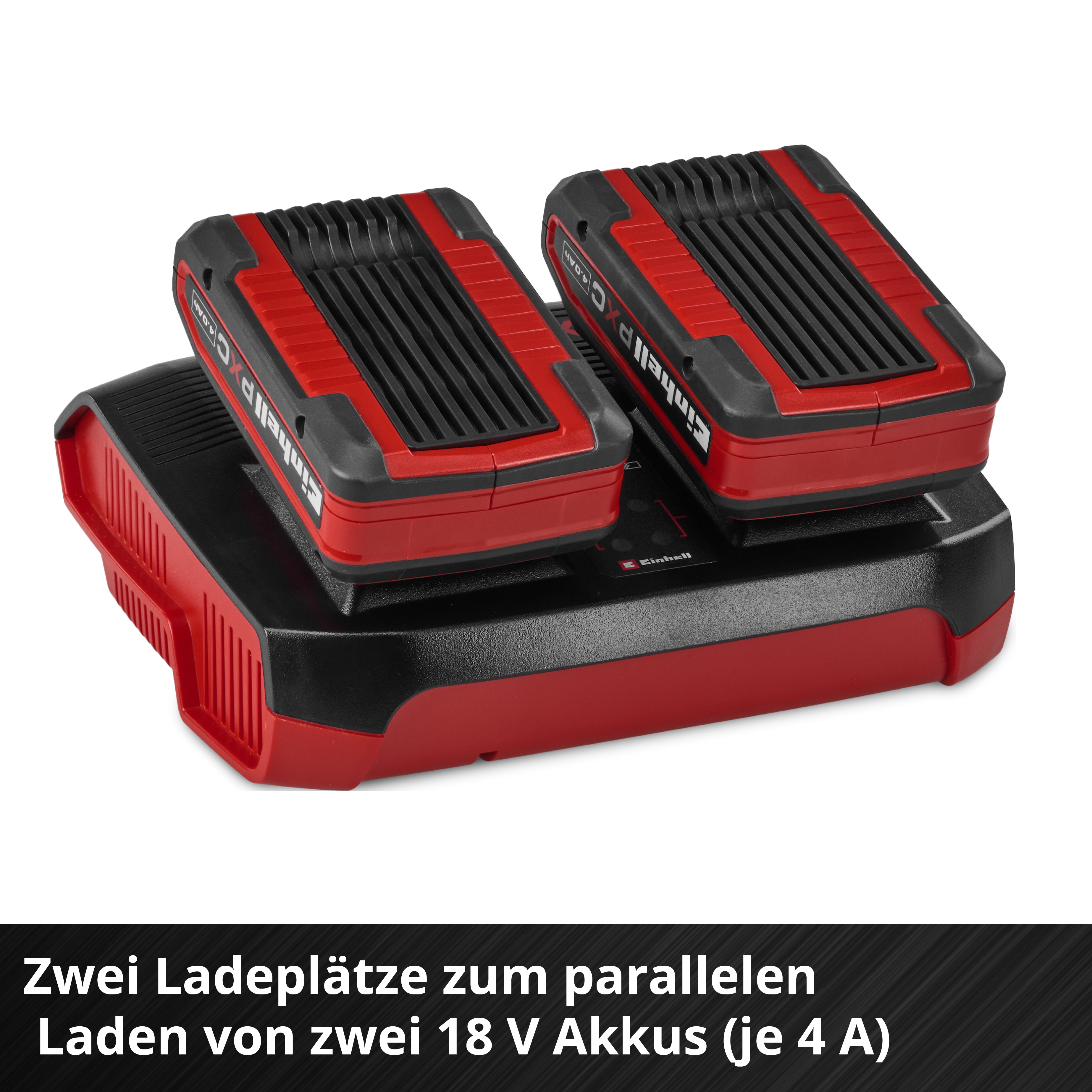 Ein Batterieladegerät mit zwei roten und schwarzen Akkus. Das Ladegerät ist schwarz mit roten Akzenten.