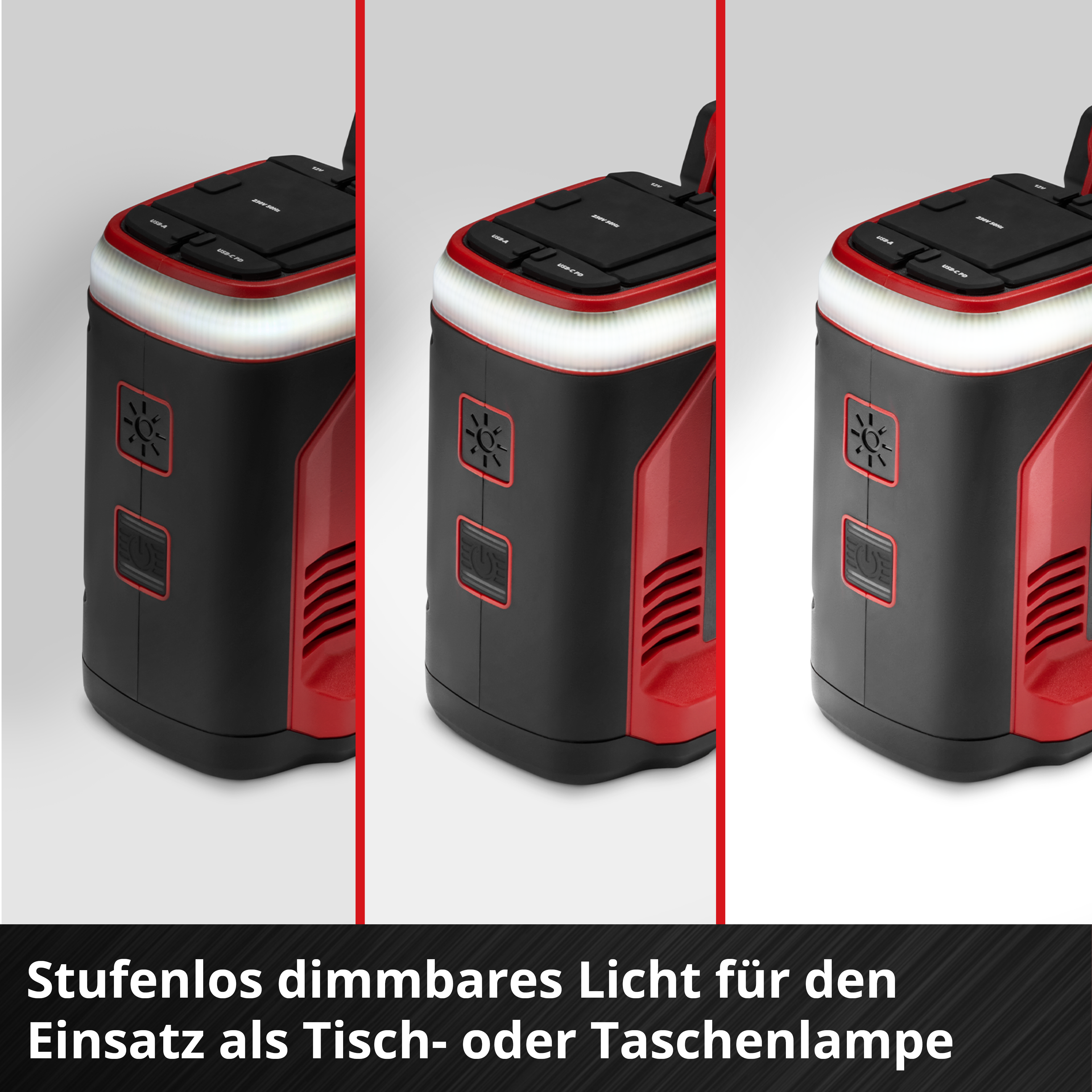 Schwarz-rote Lampe mit weißem Licht oben. Sie hat Knöpfe und eine Lichtanzeige.