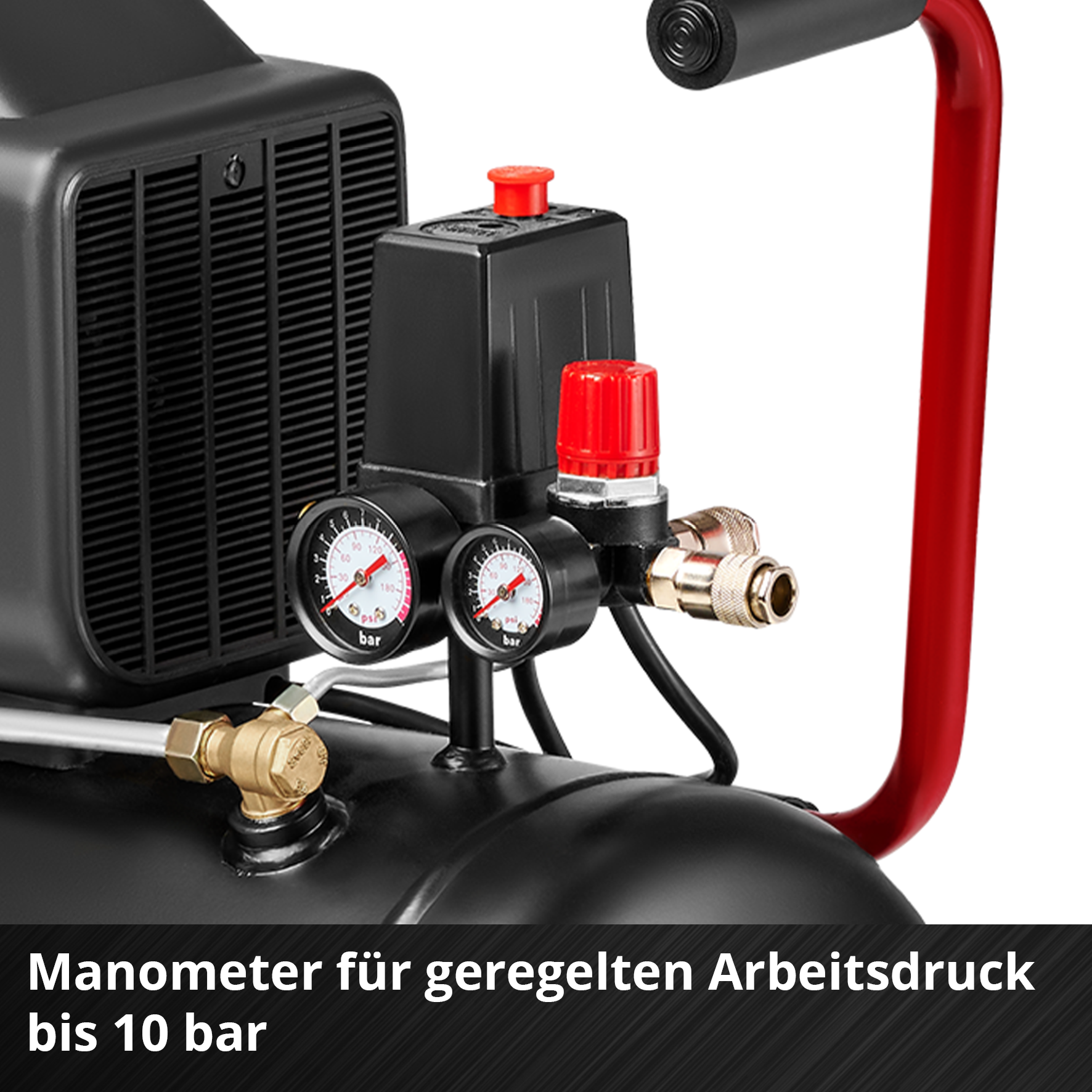 Schwarzer Luftkompressor mit Manometern, roten Griffen und Knöpfen. Text: Manometer für geregelten Arbeitsdruck bis 10 bar.