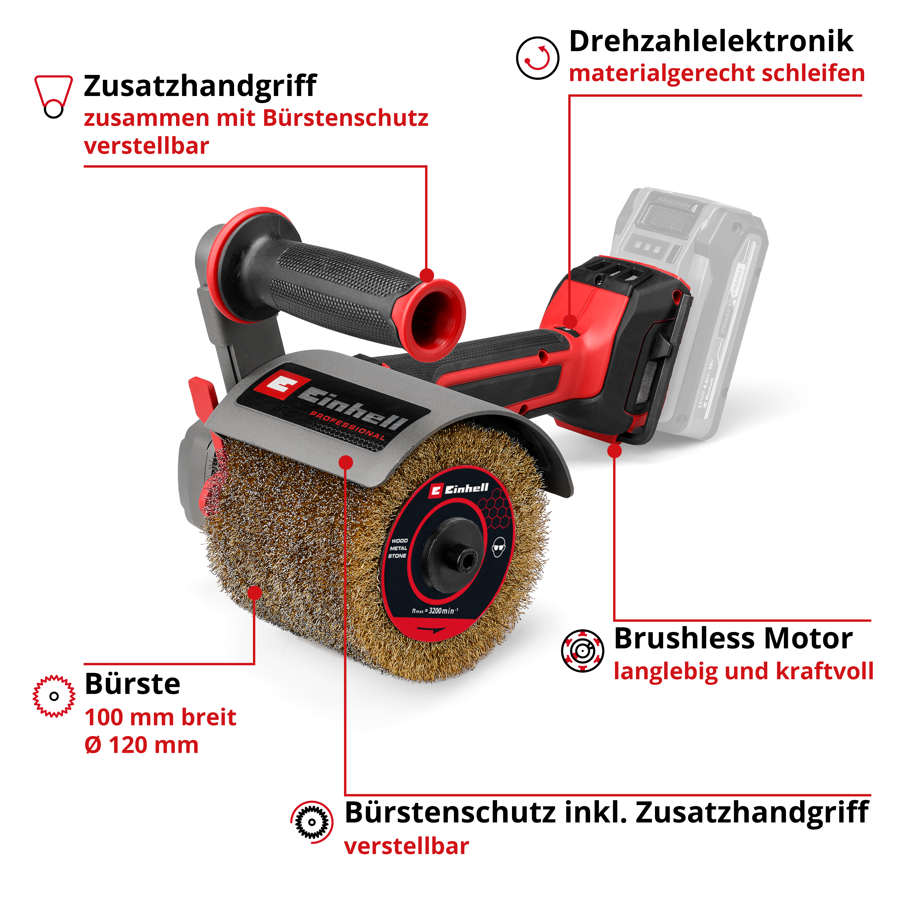 Czerwono-czarne elektronarzędzie z głowicą z drucianej szczotki, baterią i regulowanym uchwytem. Ma logo Einhell.