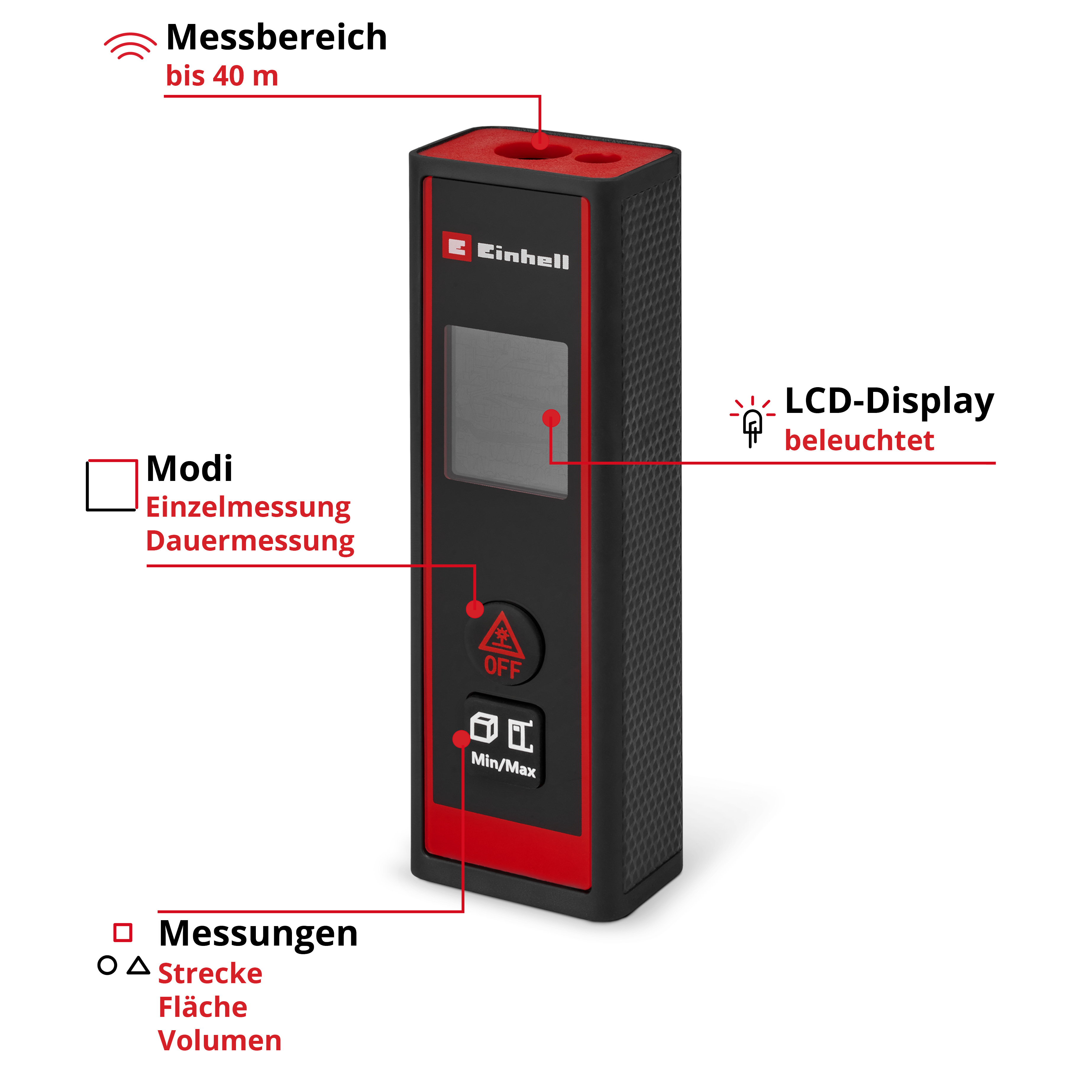 Ölçümleri ve modları gösteren LCD ekranlı siyah ve kırmızı bir lazer mesafe ölçer. Marka Einhell'dir.