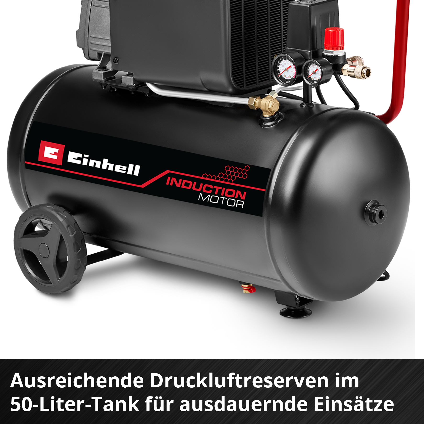 Schwarzer Luftkompressor mit roten Akzenten, Messgeräten und einem Rad. Markenname Einhell sichtbar.