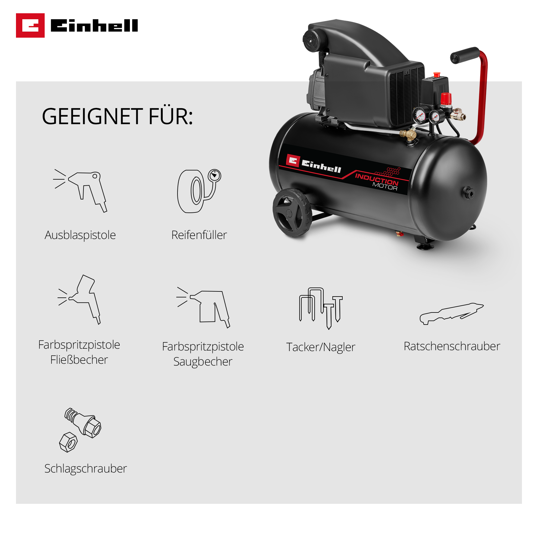 Das Bild zeigt einen Luftkompressor mit Zubehörsymbolen, darunter Spritzpistolen, Reifenfüller, und Tacker, sowie das Einhell-Logo.