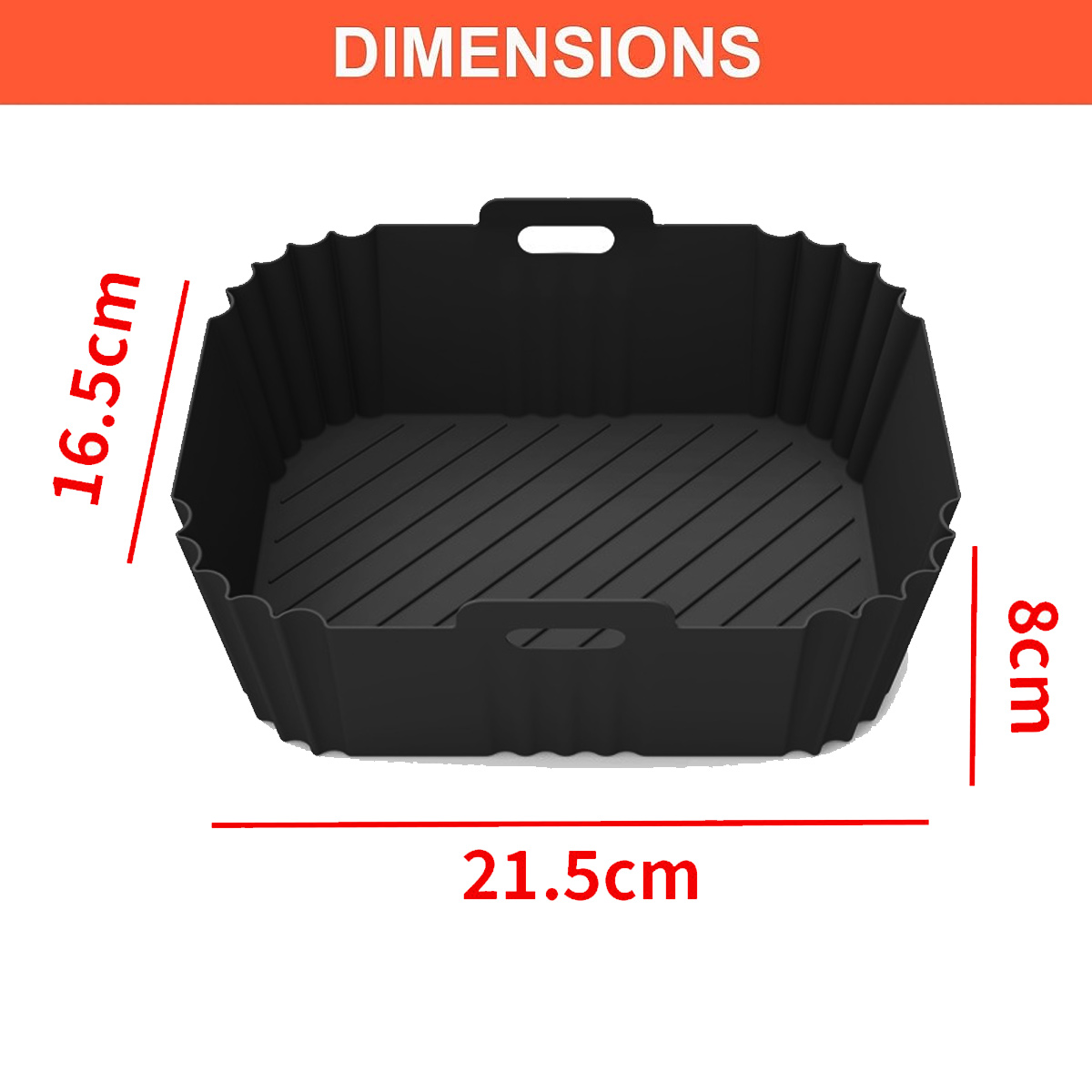 Schwarzer Silikon-Luftfrittierkorb mit den angegebenen Maßen: 16,5 cm, 8 cm und 21,5 cm. Oranger 'ABMESSUNGEN'-Text oben.