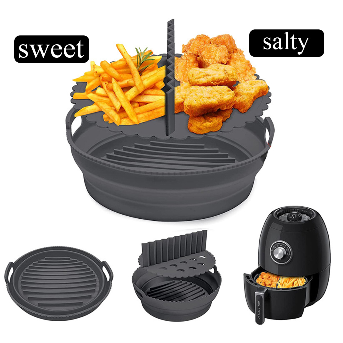 Ein Airfryer mit Essen, beschriftet mit 'süß' und 'salzig'. Enthält Pommes und Nuggets. Außerdem gibt es die Teile des Airfryers.