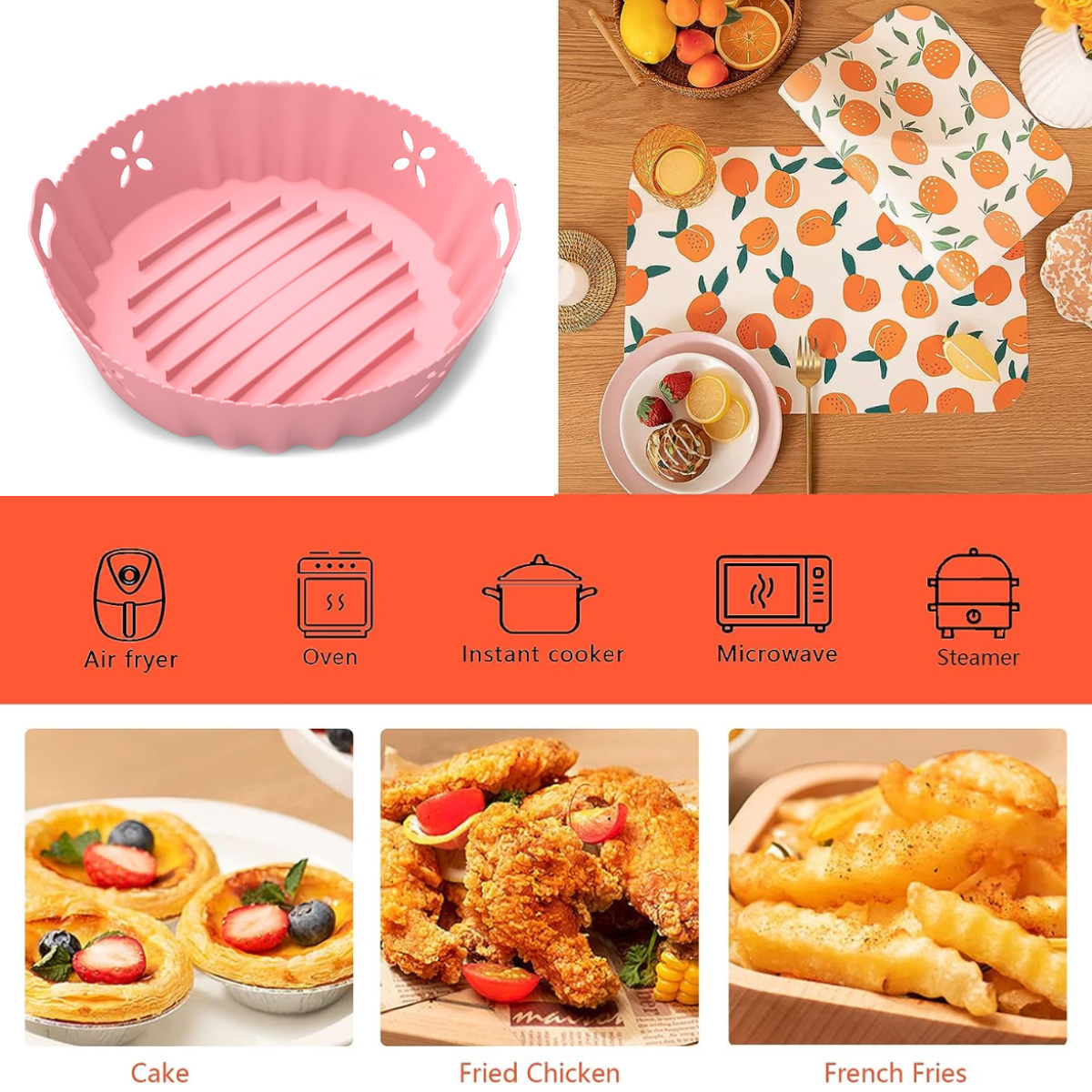 Rosa Silikon-Frittierkorb, Essensbilder und Symbole für Küchengeräte. Enthält Kuchen, Brathähnchen und Pommes Frites.