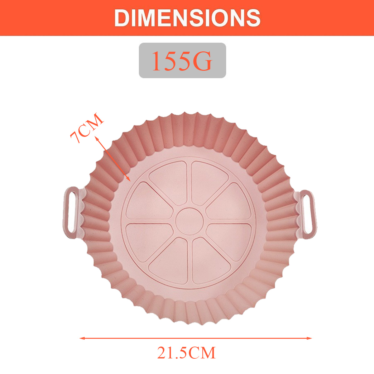 Ein rosa Silikon-Backblech mit Griffen. Es ist rund mit geriffeltem Rand. Abmessungen: 21,5 cm Durchmesser, 7 cm Höhe und 155 g Gewicht.