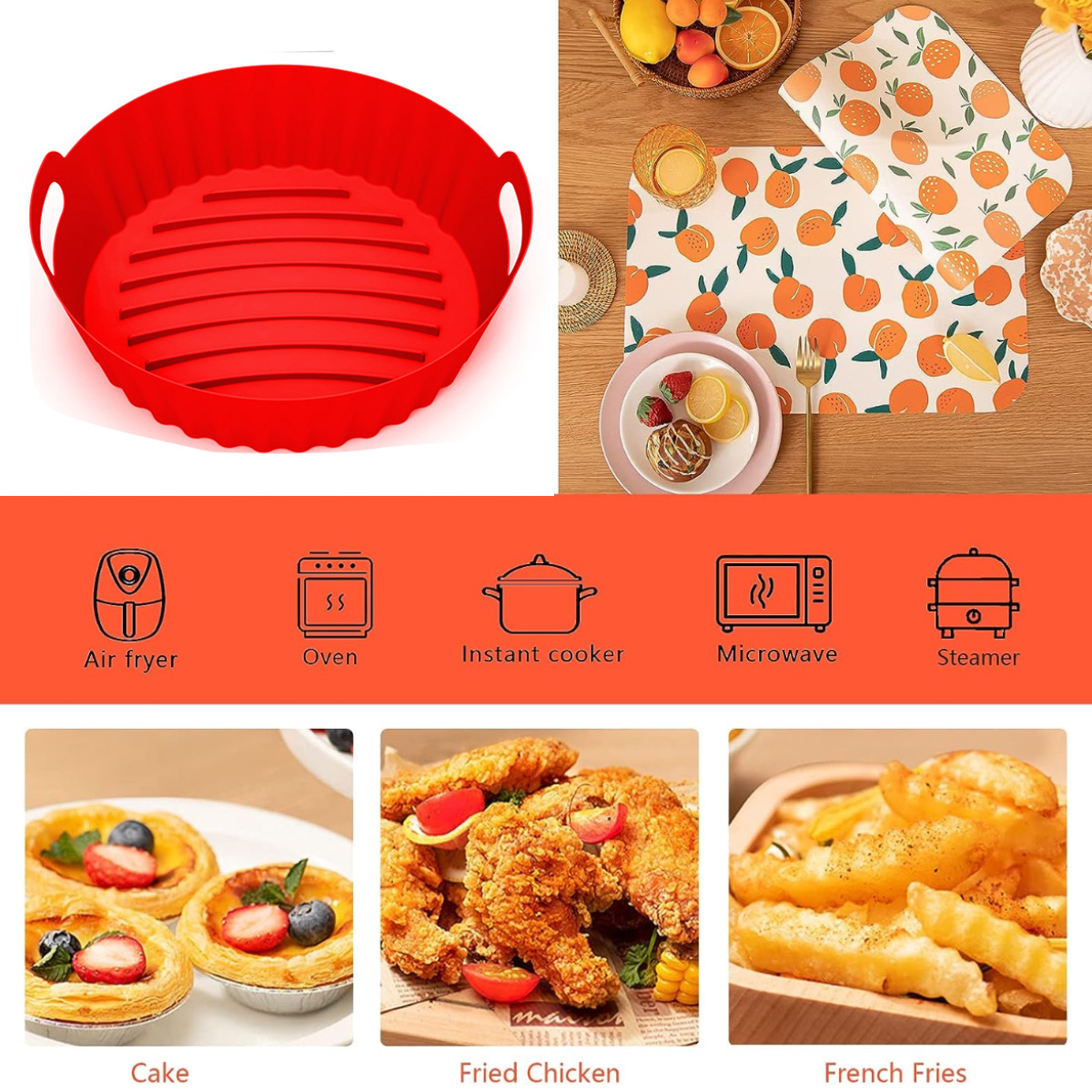 Ein roter Silikon-Airfryer-Korb. Oben rechts: Obst, Tischset und Geschirr. Unten: Essen und Geräte-Icons.