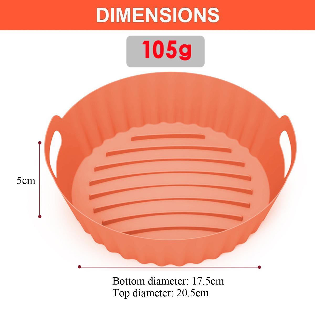 Ein orangefarbener Silikon-Airfryer-Korb mit Griffen. Abmessungen: 5 cm Höhe, 17,5 cm Boden, 20,5 cm oben und Gewicht 105 g.