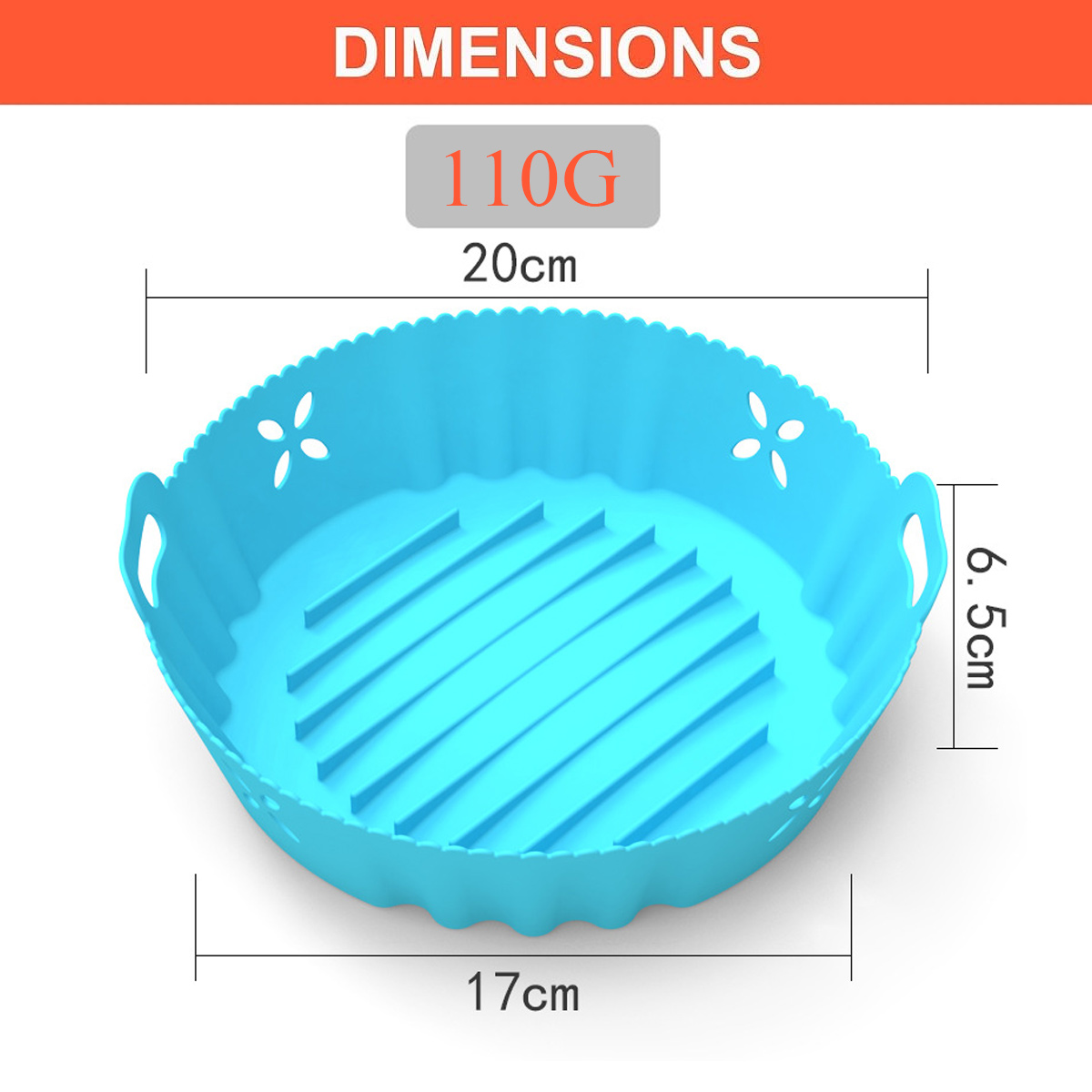 Ein blauer Silikon-Airfryer-Korb mit Größenangaben. 20 cm, 17 cm und 6,5 cm sind sichtbar. Das Gewicht beträgt 110 g.