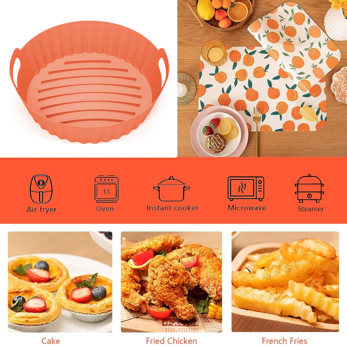 Das Bild zeigt einen runden, orangefarbenen Airfryer-Korb, Früchte, Lebensmittel und Symbole für Küchengeräte wie Airfryer, Backofen usw.