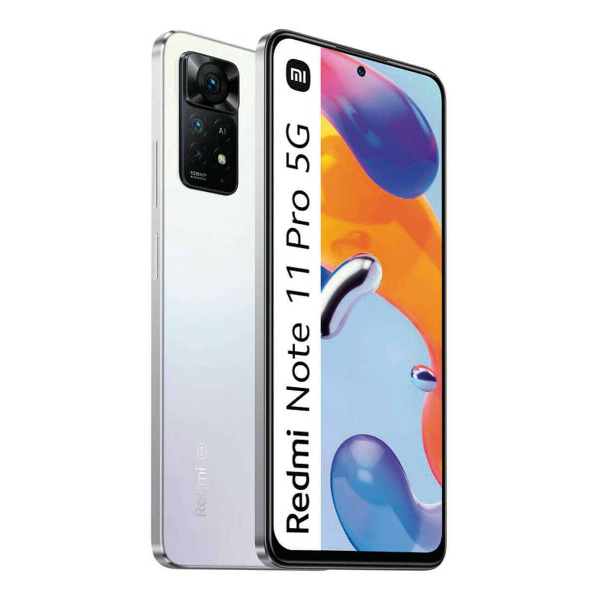 È mostrato uno smartphone Redmi Note 11 Pro 5G bianco, angolato per mostrare sia il retro con le fotocamere che lo schermo anteriore.