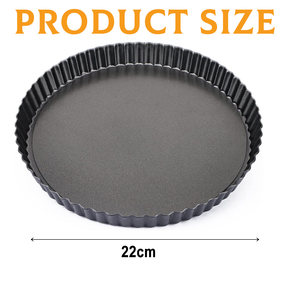 Eine runde, dunkelgraue Backform mit gewelltem Rand. Der Text 'PRODUCT SIZE' steht darüber. Die Größe beträgt 22 cm, angezeigt durch Pfeile.