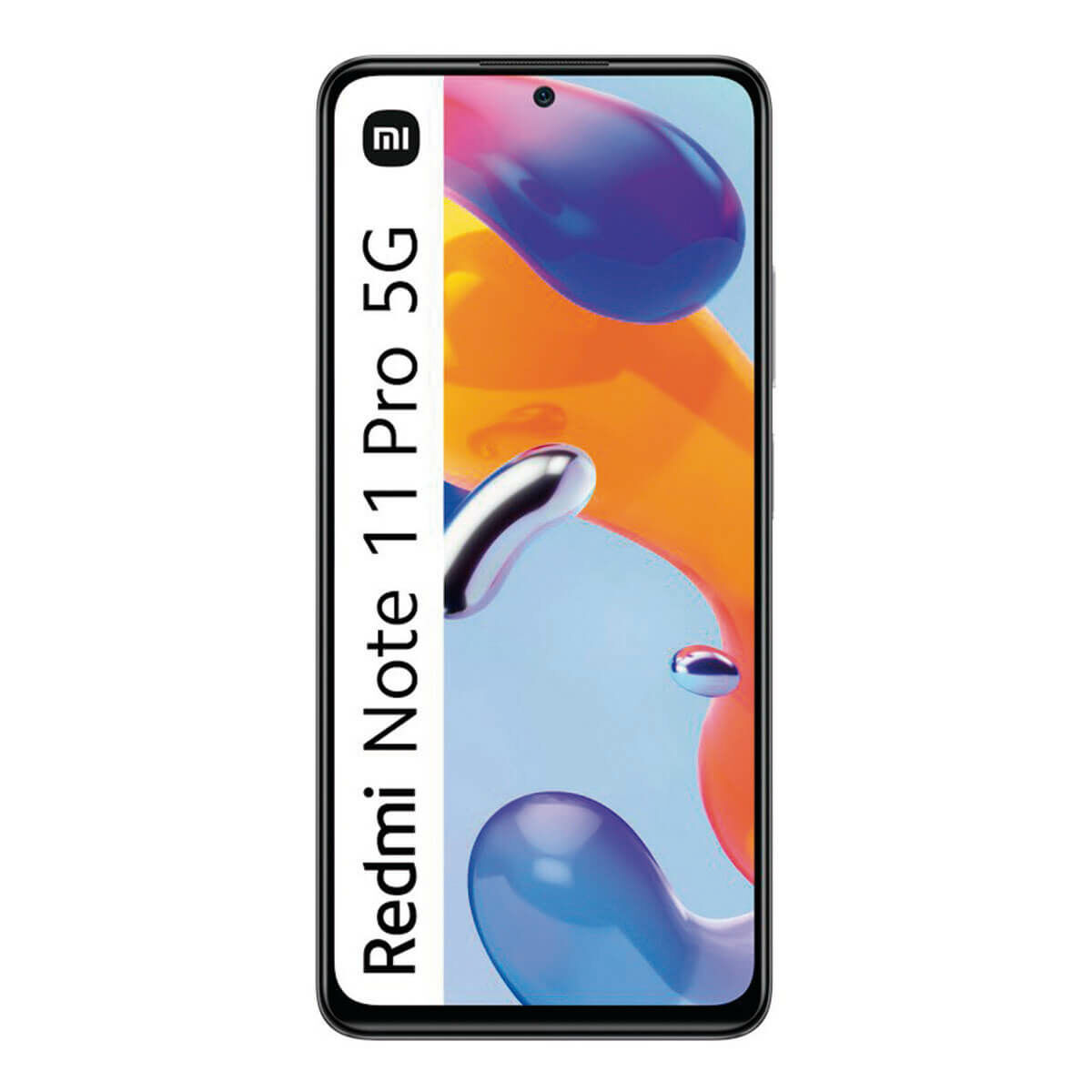 Uno smartphone Redmi Note 11 Pro 5G. Lo schermo mostra forme astratte arancioni, blu e bianche. Il telefono ha un bordo nero.